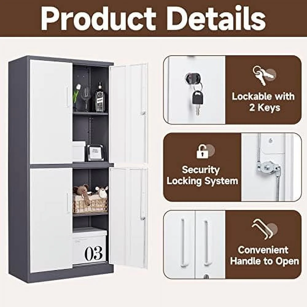 HBBOOMLIFE Metal  Cabinet with Lock 71" White Garage Cabinet with 2 Doors and 5 Adjustable Shelves  Steel Locking Cabinets Tall Tool  Cabinet  Lockable File Cabinet for Home Office  P - Curated Treasures Market