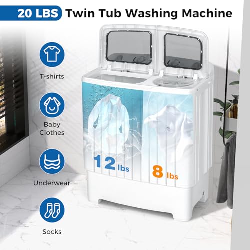 COSTWAY Portable Washing Machine, Twin Tub 20 Lbs Capacity, Washer(12 Lbs) and Spinner(8 Lbs), Durable Design, Timer Control, Compact Laundry Washer for RV, Apartments and Dorms