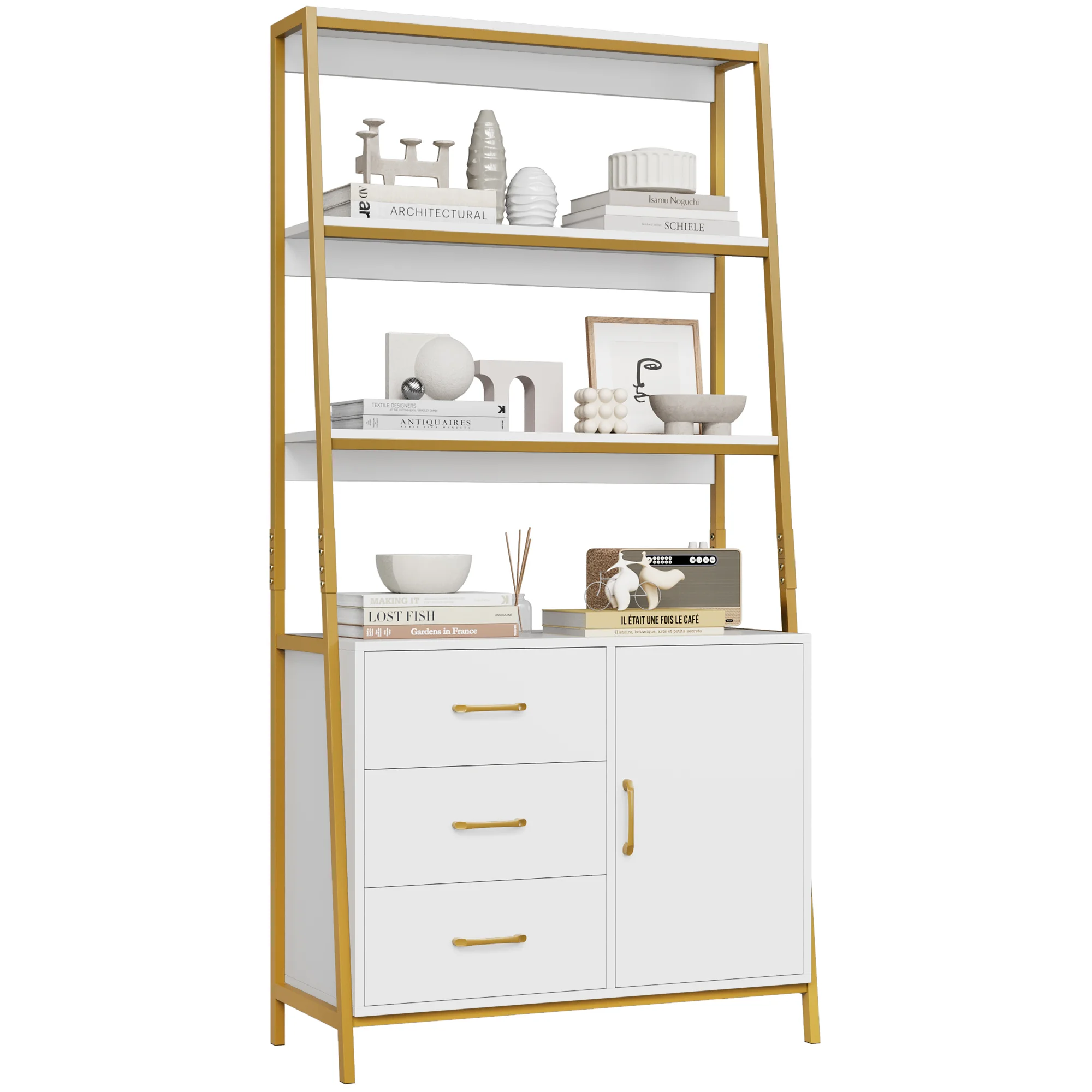 Homfa 3 Tier Display Storage Shelves with 3 Drawers, Gold Metal Frame Bookshelf for Living room, White Finish