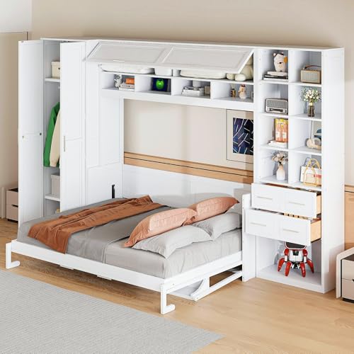 KLMM Wooden Murphy Bed Wall Bed with 2 Wardrobe and Storage Shelf,Foldable Platform Bedframe for Guest-Room Bedroom Study Office Use (White#E, Full)
