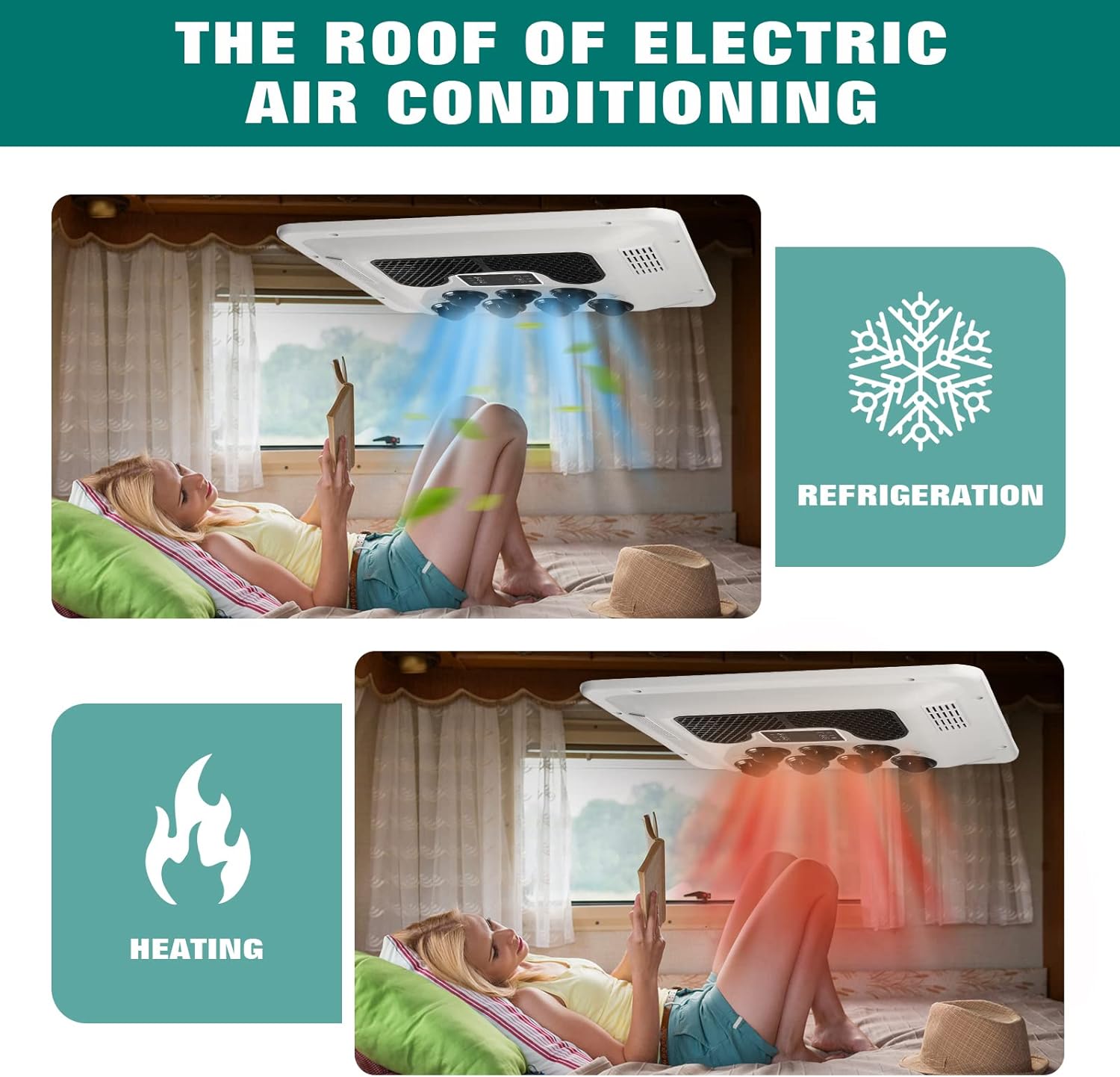 12V DC air conditioner，roof air conditioner are applicable to trucks, RVs, buses, excavators, campers, agricultural vehicles, etc. 12V air conditioner cold/hot function (12V)