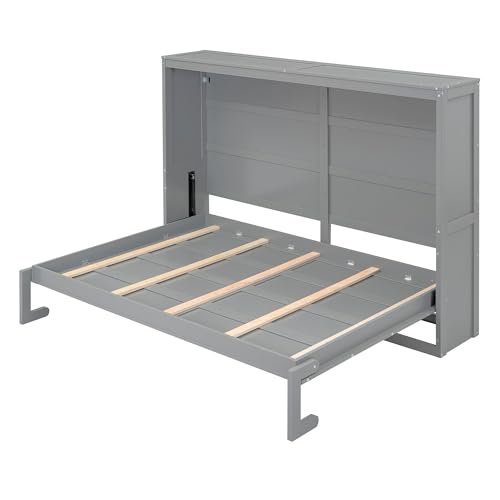 Harper & Bright Designs Queen Size Murphy Bed Wall Bed with Storage Shelves, Wardrobe and LED Lights, Space-Saving for Multipurpose Guest Room or Home Office, Gray
