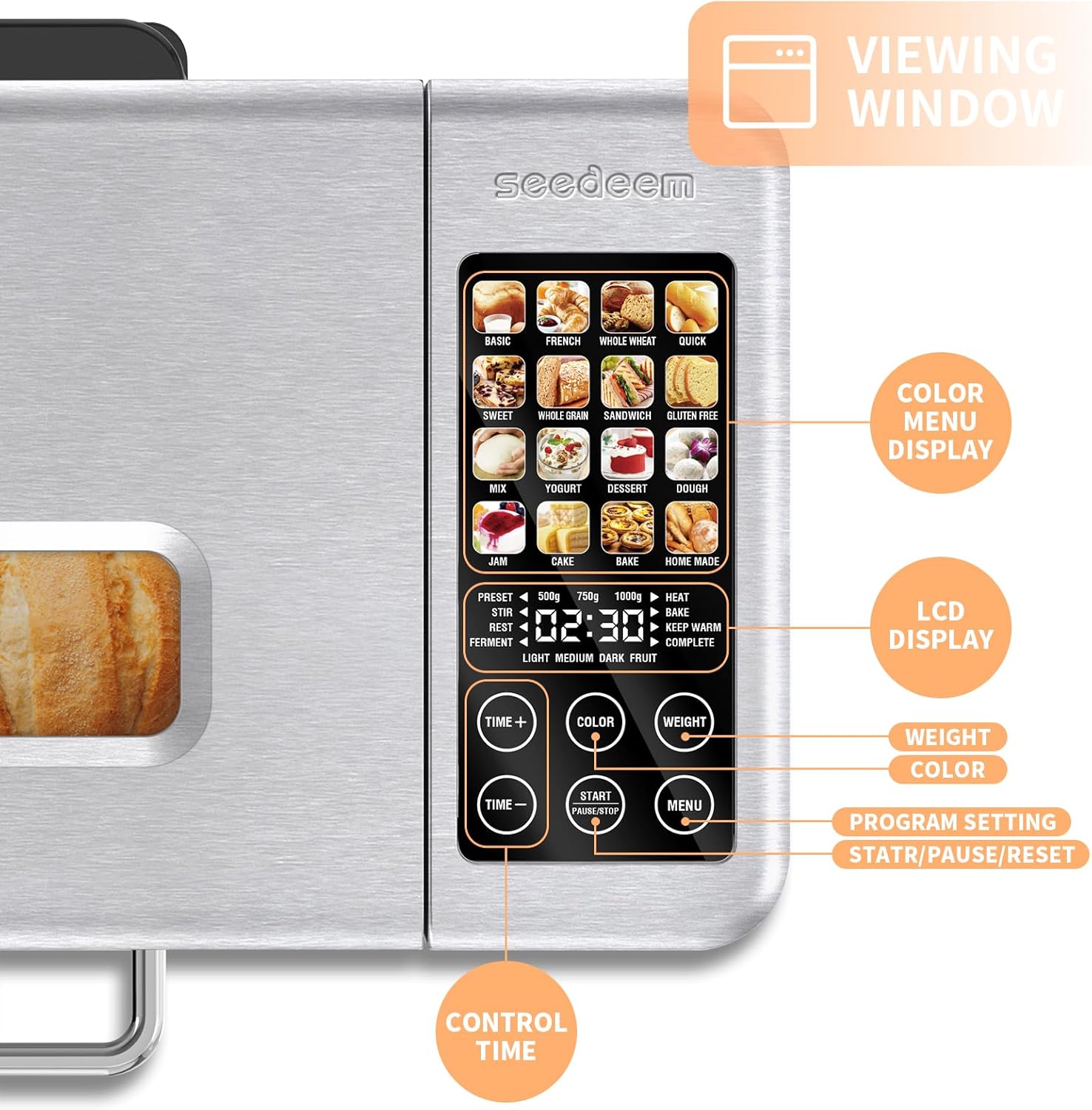 SEEDEEM 16 in 1 Bread Machine, 2.2LB Stainless Steel Bread Maker with Fruit and Nut Dispenser, Nonstick Ceramic Pan, 3 Crust Colors, 3 Loaf Sizes & Touch Panel Recipes, Silver