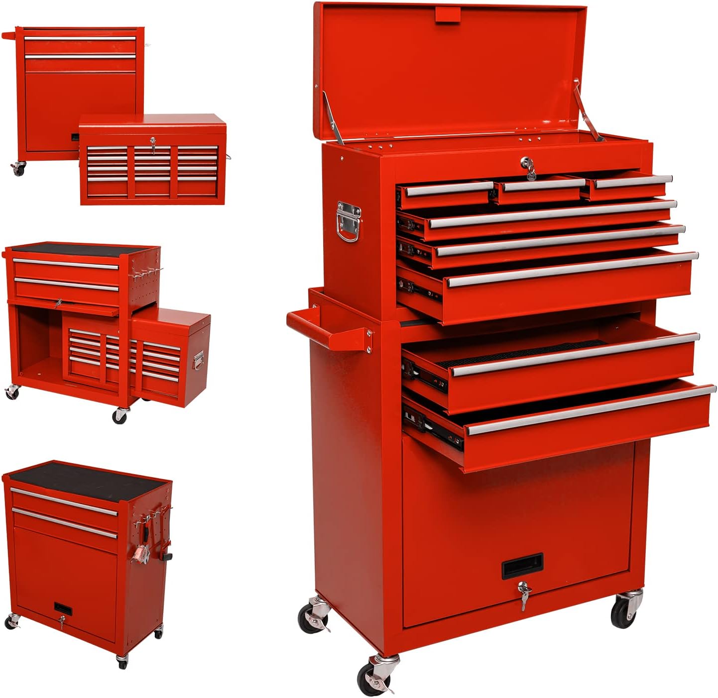 8-Drawer High Capacity Tool Chest With 4 Wheels,Lockable Rolling Garage Tool Box and Tool Storage Cabinet,Removable Portable Set-Top Box Tool Organizer With Drawer For Factory Workshops (RED)