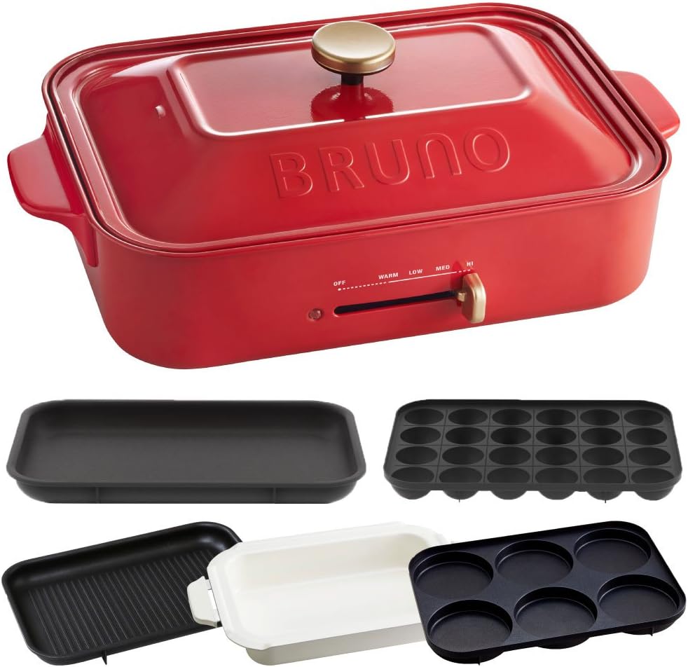 BRUNO Compact hot Plate + Ceramic Coated pan + Grill Plate + Multi Plate 4piece Set (Red)【Japan Domestic Genuine Products】