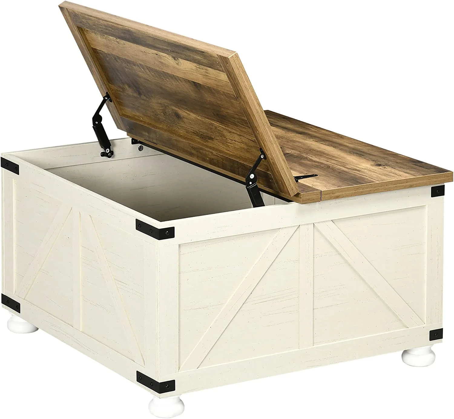 Farmhouse Coffee Table with Storage, Square Coffee Table for Living Room, Wooden Center Table with Hinged Lift Top and Hidden Space, Antique White