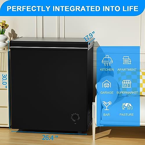 5.0 Cu.Ft Deep Freezer, Chest Freezer with 7 Level Adjustable Temperature, Freestanding Mini Freezer with Removable Storage Basket, Small Freezer Chest with Top Door, Energy Saving, Low Noise