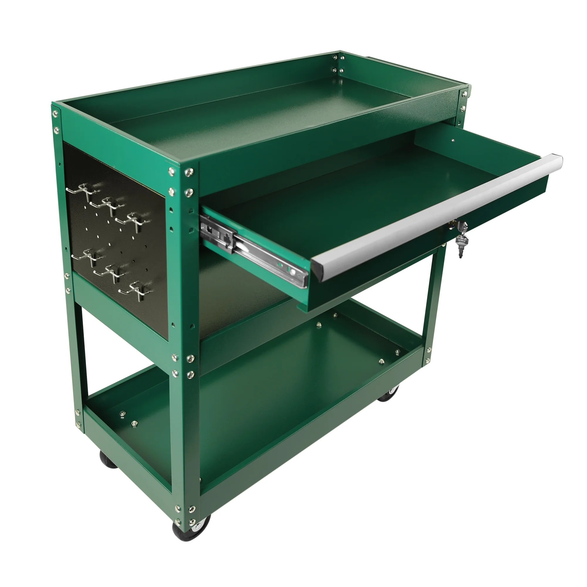 Rolling Tool Cart with Drawer, Seizeen Heavy Duty Utility Cart on Wheels, Garage Workshop Tool Organizer, 3 Tray, 1 Lockable Drawer, 6 Side Hooks