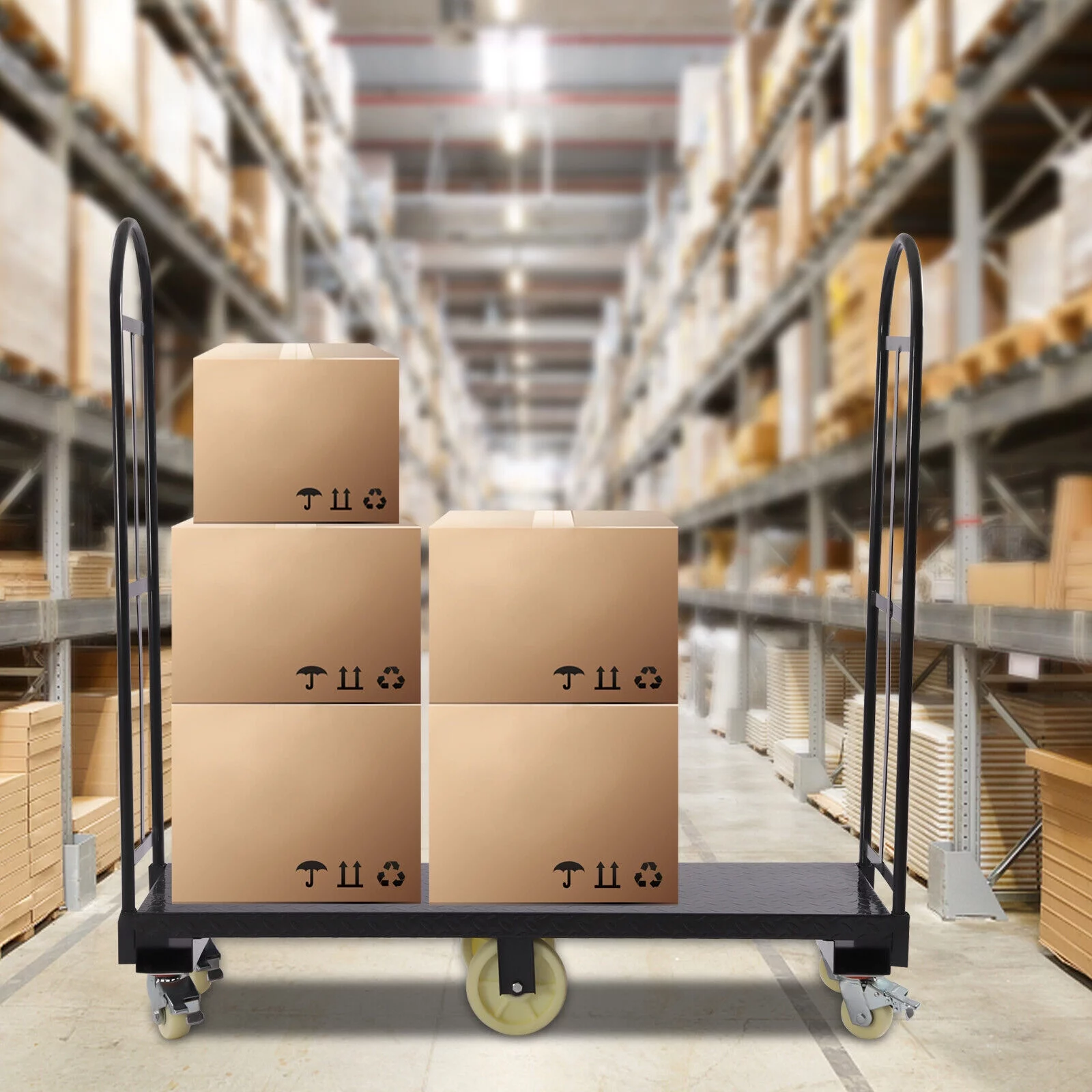 Miumaeov Steel U-Boat Cart 65"x16" Platform Hand Truck with Wheels 2000lb Capacity Equipment Cart for Warehouses Storage Rooms Transportation Facilities