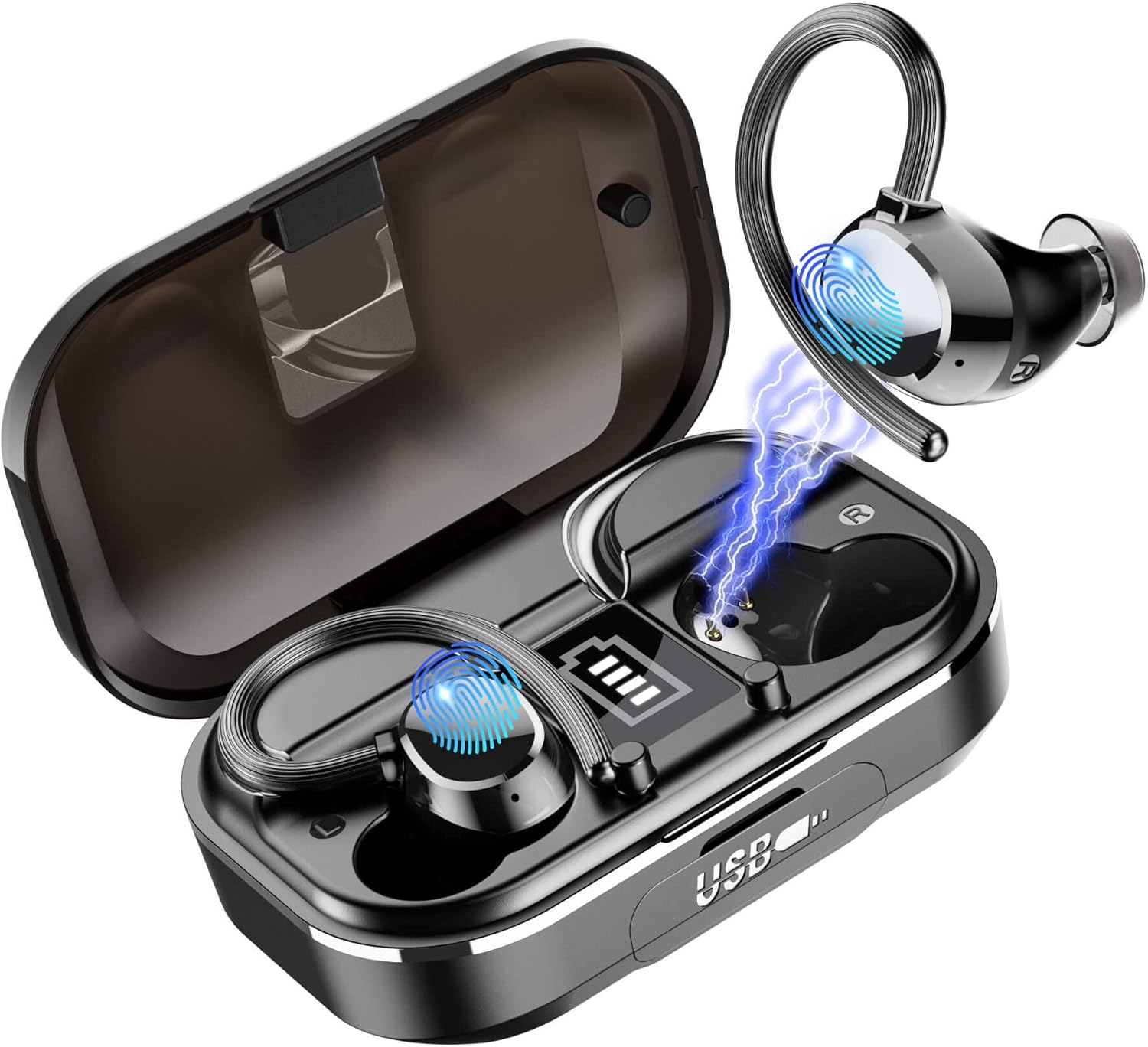 Bluetooth Earbuds with Ear Hook, Bluetooth 5.1 Headphones, Noise Cancelling Sport Headphones with LED Display, 100H Playtime IPX7 Waterproof Ear Buds Earbuds Deep Earphone with Mic for Gym/Running