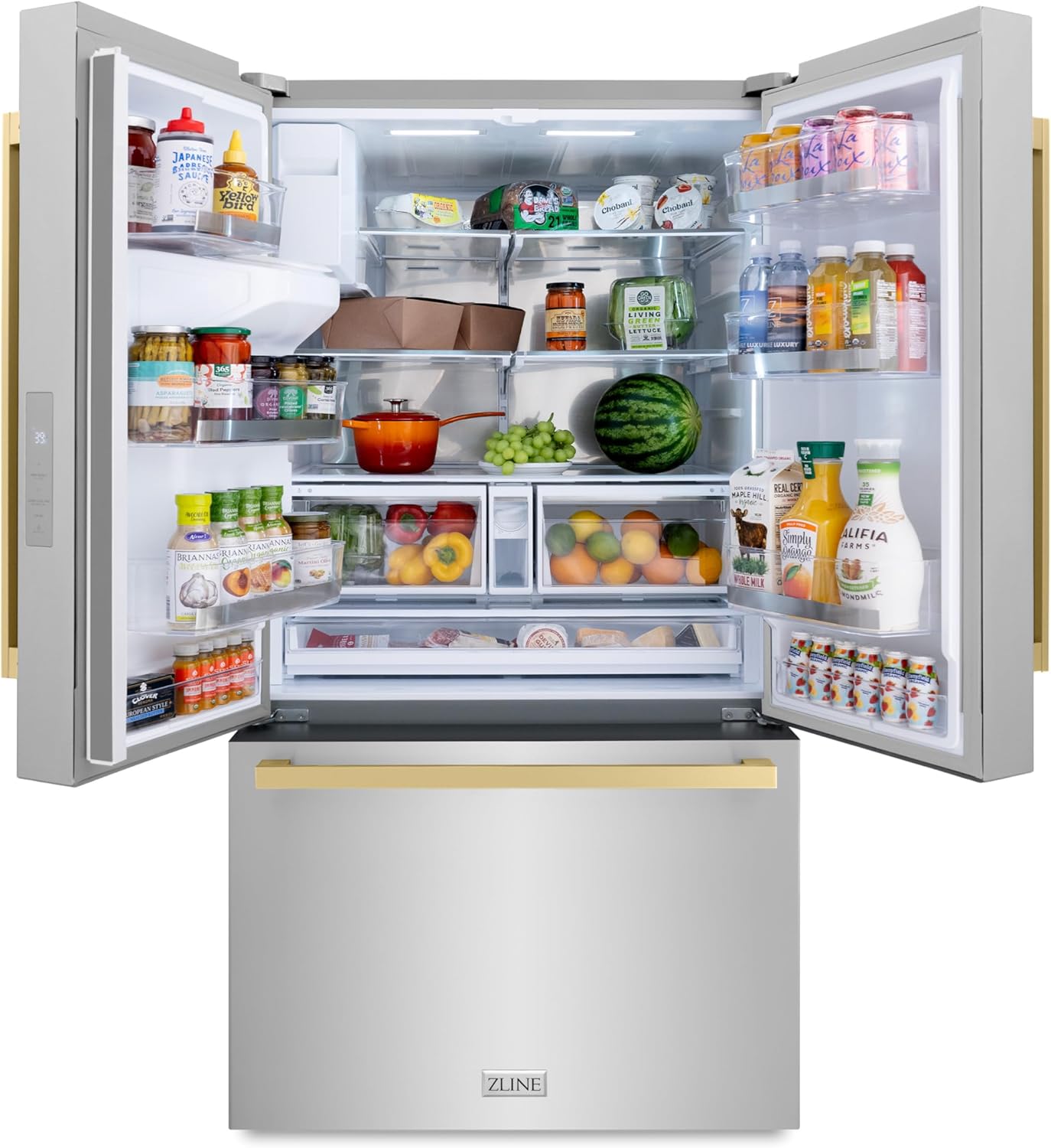 28.9 cu. ft. Standard-Depth French Door External Water Dispenser Refrigerator with Dual Ice Maker in Fingerprint Resistant Stainless Steel and Champagne Bronze Square Handles (RSMZ-W-36-FCB)