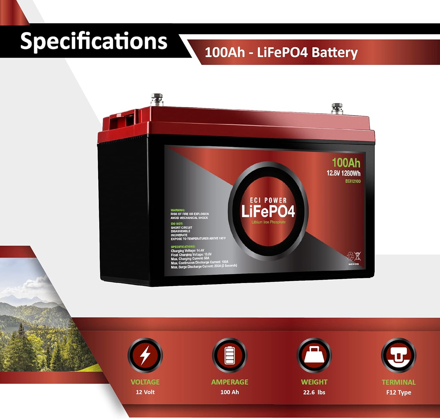 ECI Power 12V 200Ah Lithium LiFePO4 Deep Cycle Rechargeable Battery | 2000-5000 Life Cycles & 10-Year lifetime | Built-in BMS | Perfect for RV, Solar, Marine, Overland, Off-Grid Applications