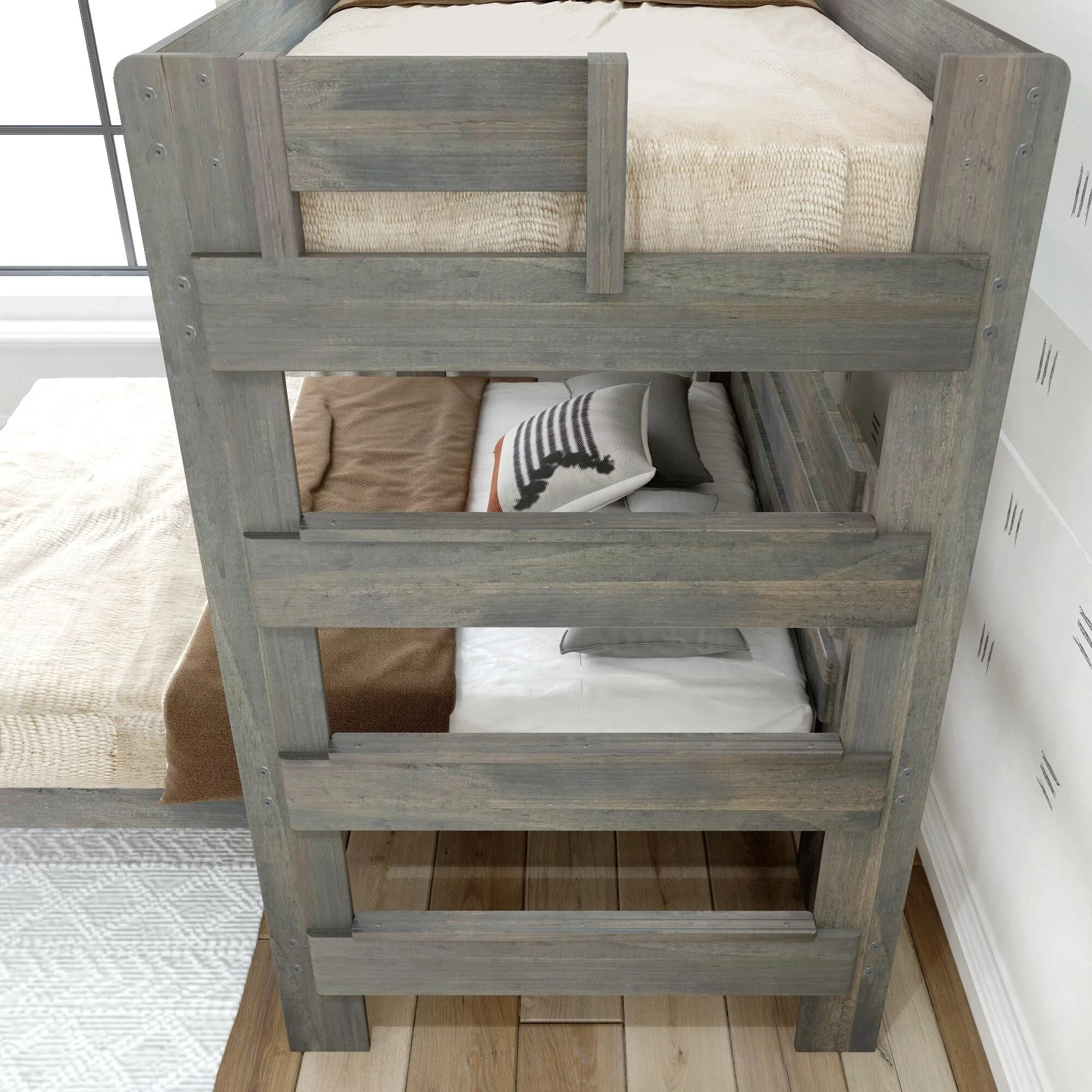 Plank+Beam Solid Wood Twin over Queen L-Shaped Bunk Bed for Adults, Driftwood