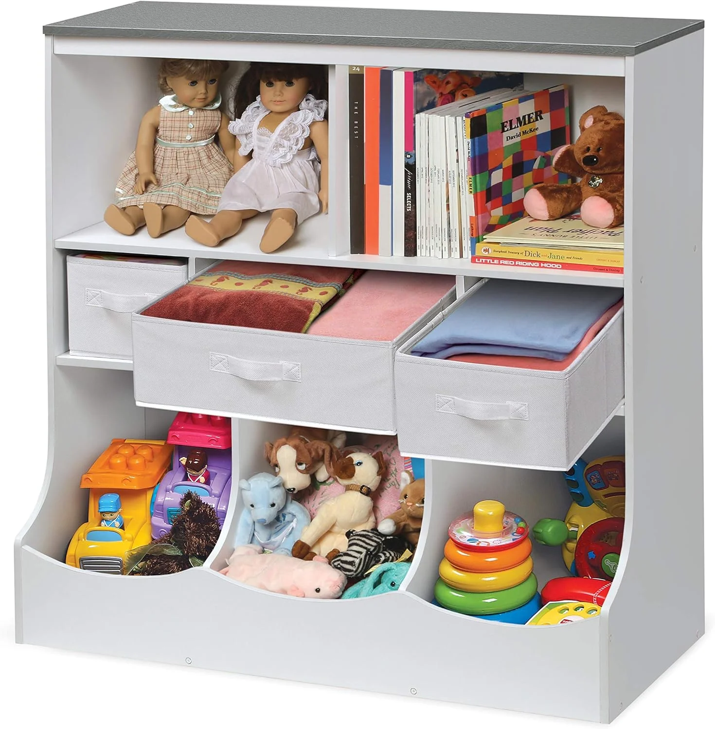 WAGEE Combo Bin Toy Storage Unit and Book Shelf for Kids with 3 Baskets - White/Gray