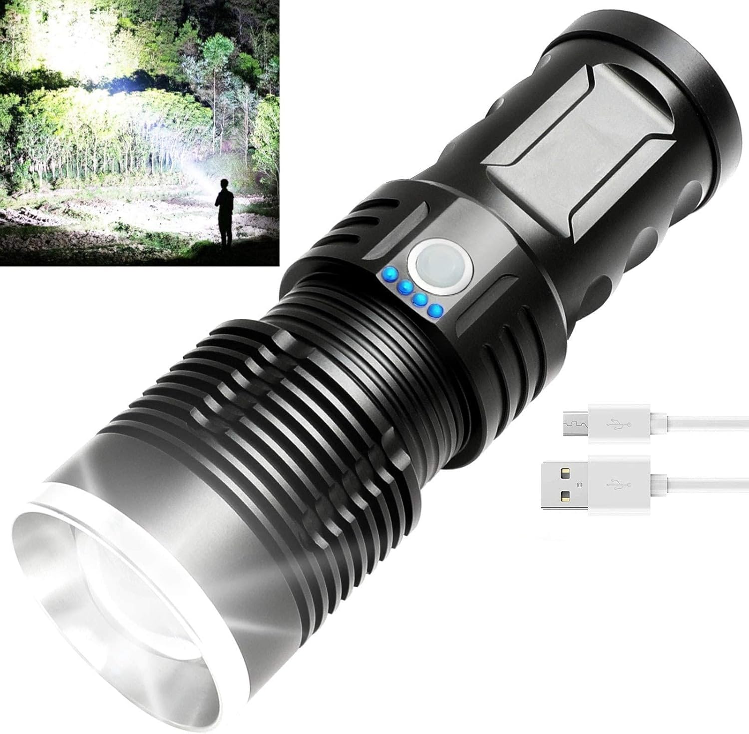 Led Flashlight, 100000 Lumen Brightest Rechargeable Flashlights High Lumens with USB Cable, 3 Modes, Zoomable, Waterproof, Powerful, Super Bright Handheld Flashlight for Camping