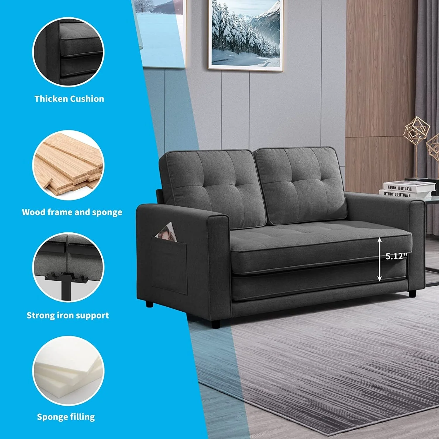 Mixoy 84"Modern 3-in-1 Loveseat Sleeper Sofa,Multi-Function Tri-Fold Fold Out Floor Sofa Bed Dark Grey - Curated Treasures Market