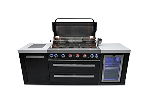 Mont Alpi Stainless Steel Island Outdoor Kitchen Gas Barbecue Grill w/Wine Cooler Compact Refrigerator Beverage Center + Granite Countertops & Sides