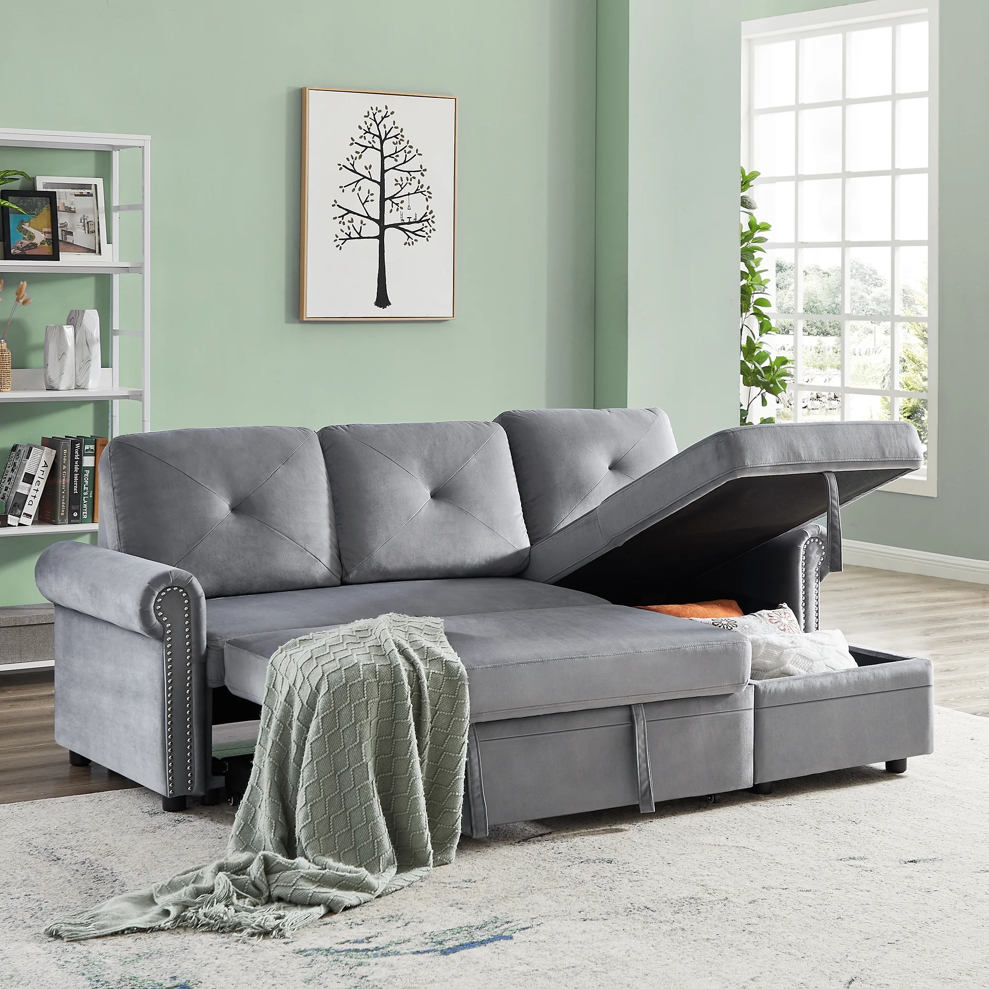 Velvet Reversible Sectional Sofa Sleeper. Wide Sectional Couch Pull-Out Sofa Bed L-Shape Upholstered Sofa Bed with Storage Chaise Living Room Furniture Set