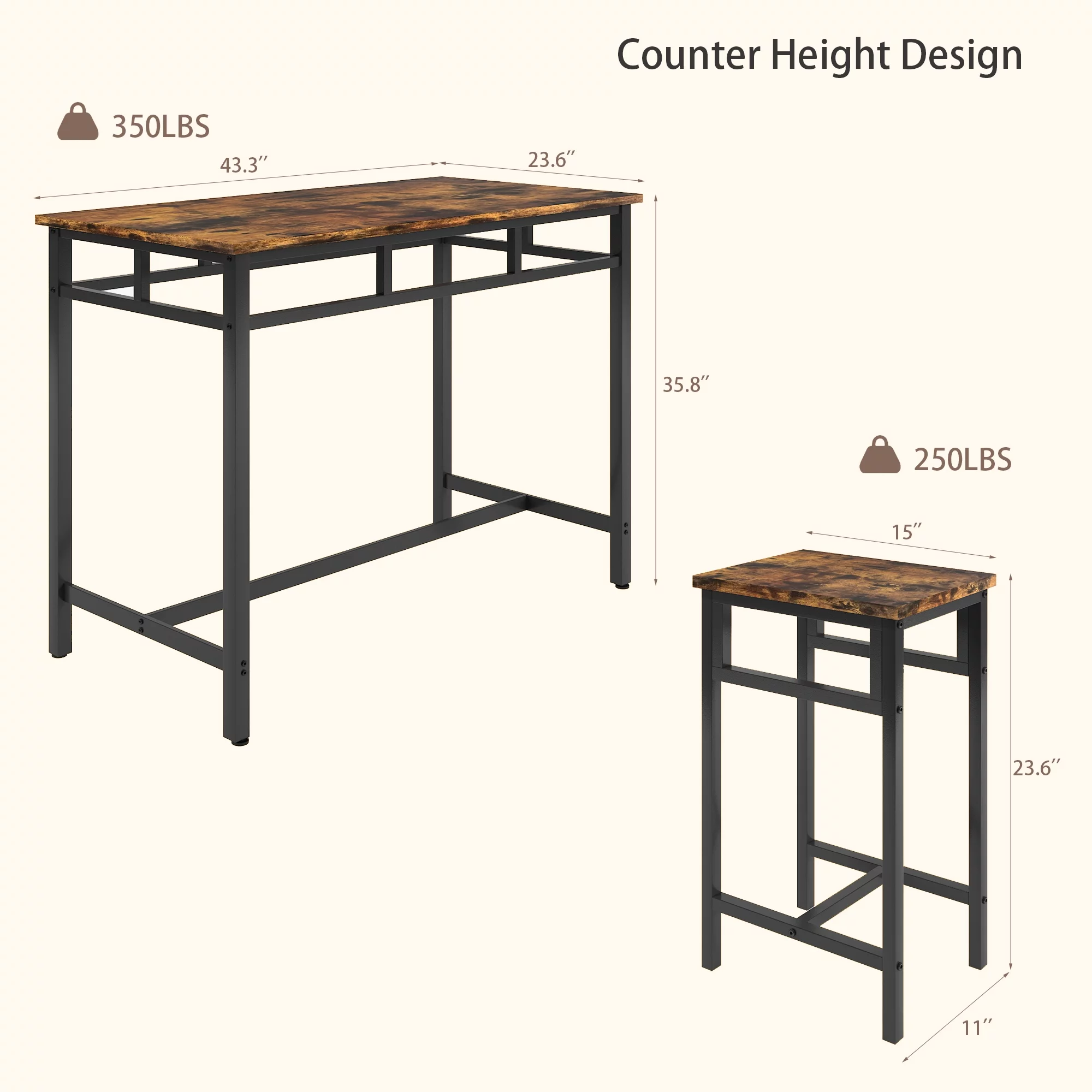 5 Piece Dining Table Set, Modern Pub Table Set with 4 Stools, Counter Height Bar Table Set, 4-Person Home Dining Table and Stools Set, Kitchen Table Set for Breakfast, Rustic Brown, D8997