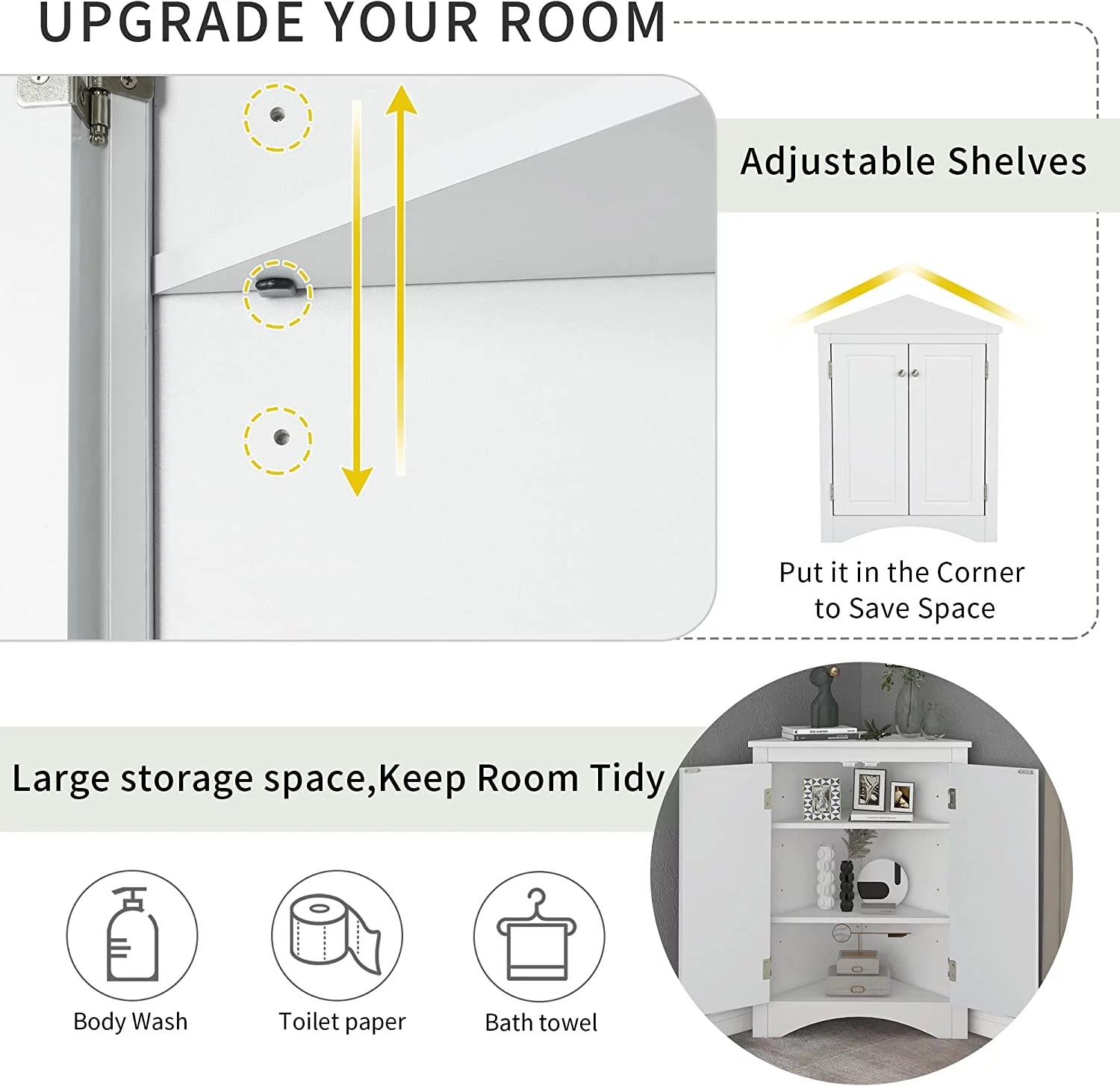 WAGEE Bathroom Corner Storage Cabinet - 2 Adjustable Shelves and 2 Doors Triangle Cabinets Furniture - Floor Cabinets Decorations for Home Kitchen Bathroom Living Room Small Space White Grey