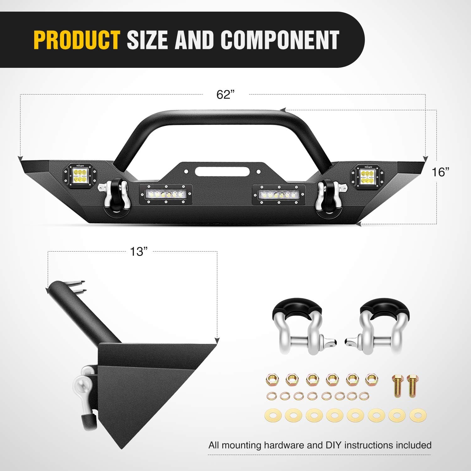 Nilight Front Bumper Compatible for 2007 2008 2009 2010 2011 2012 2013 2014 2015 2016 2017 Jeep Wrangler JK/JKU 2018 2019 2020 2021 2022 JL/JLU 2020-2022 Gladiator JT Rock Crawler Winch Plate
