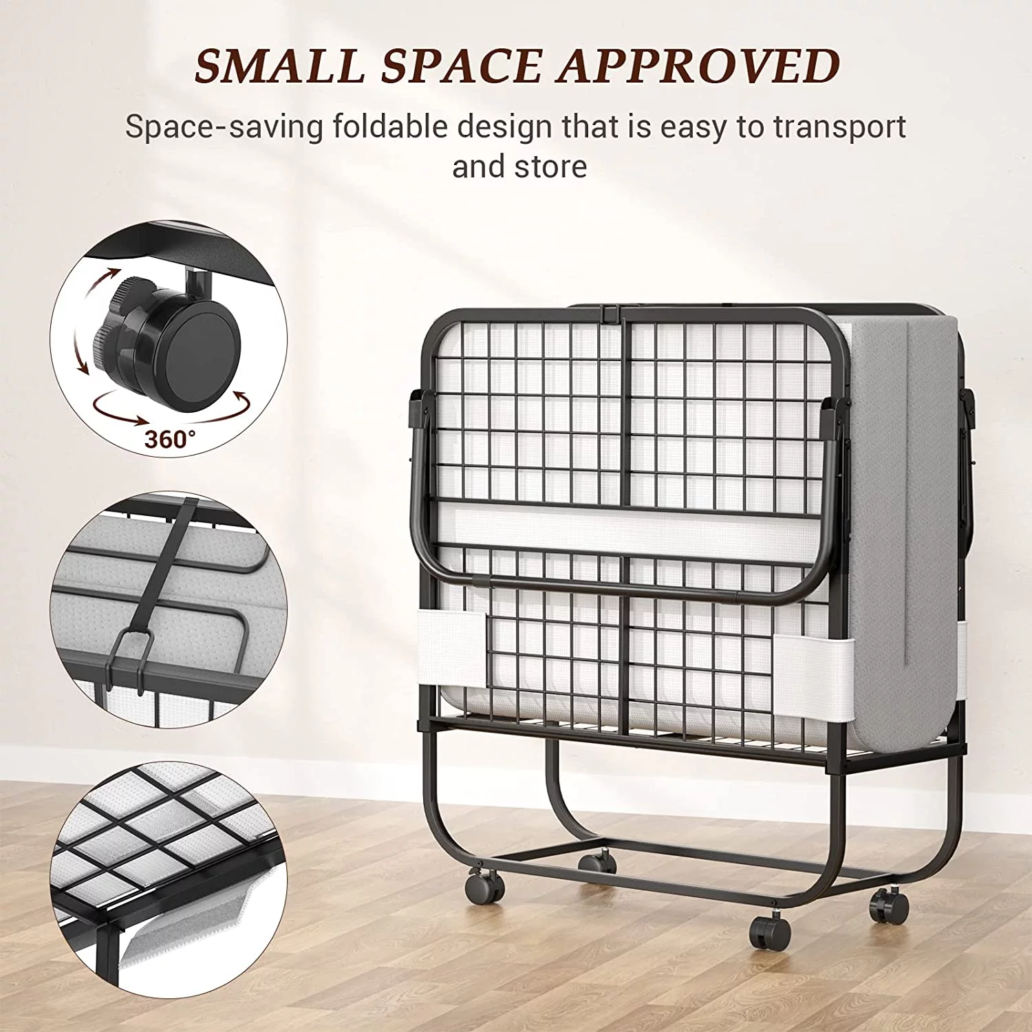 Folding Bed with Mattress  Portable Foldable Bed with  Cover  Rollaway Bed for Adults with Memory Foam Mattress and Metal Frame  Cot Size Extra Guest Bed on Wheels (75\u201D x 31\u201D) - Curated Treasures Market