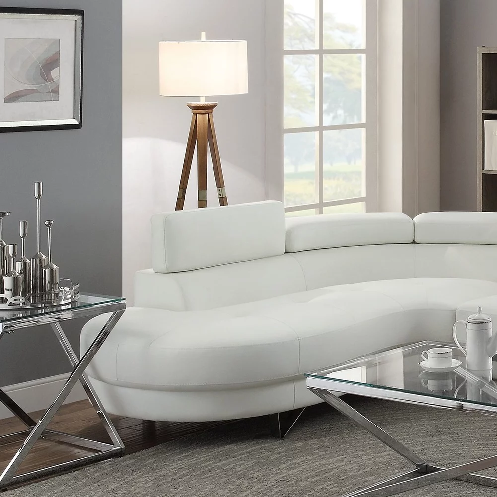 Bobkona Living Room 2pcs Sectional Sofa White Faux Leather Chaise Sofa Cushion Tufted Seat Flip up Headrest Couch