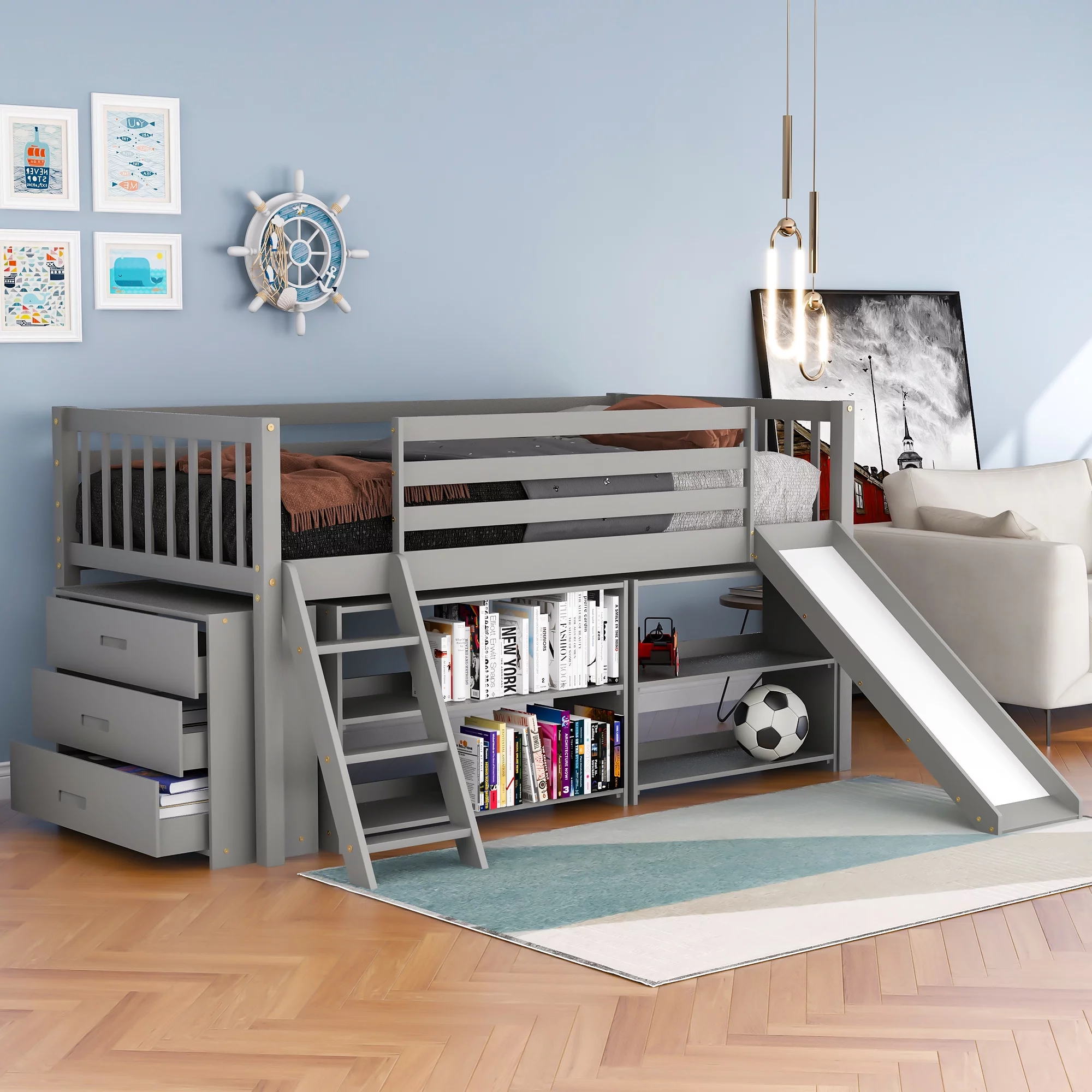 Euroco Wood Twin Size Low Loft Bed with Bookcase, Drawers, Ladder and Slide, Gray - Curated Treasures Market