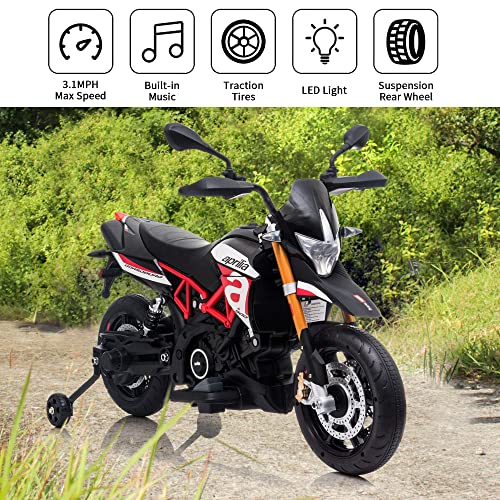 TOBBI 12V Aprilia Licensed Kids Ride-On Motorcycle Dirt Bikes for Kids with Training Wheels, Spring Suspension, Lights, Music Story USB MP3 (Red)