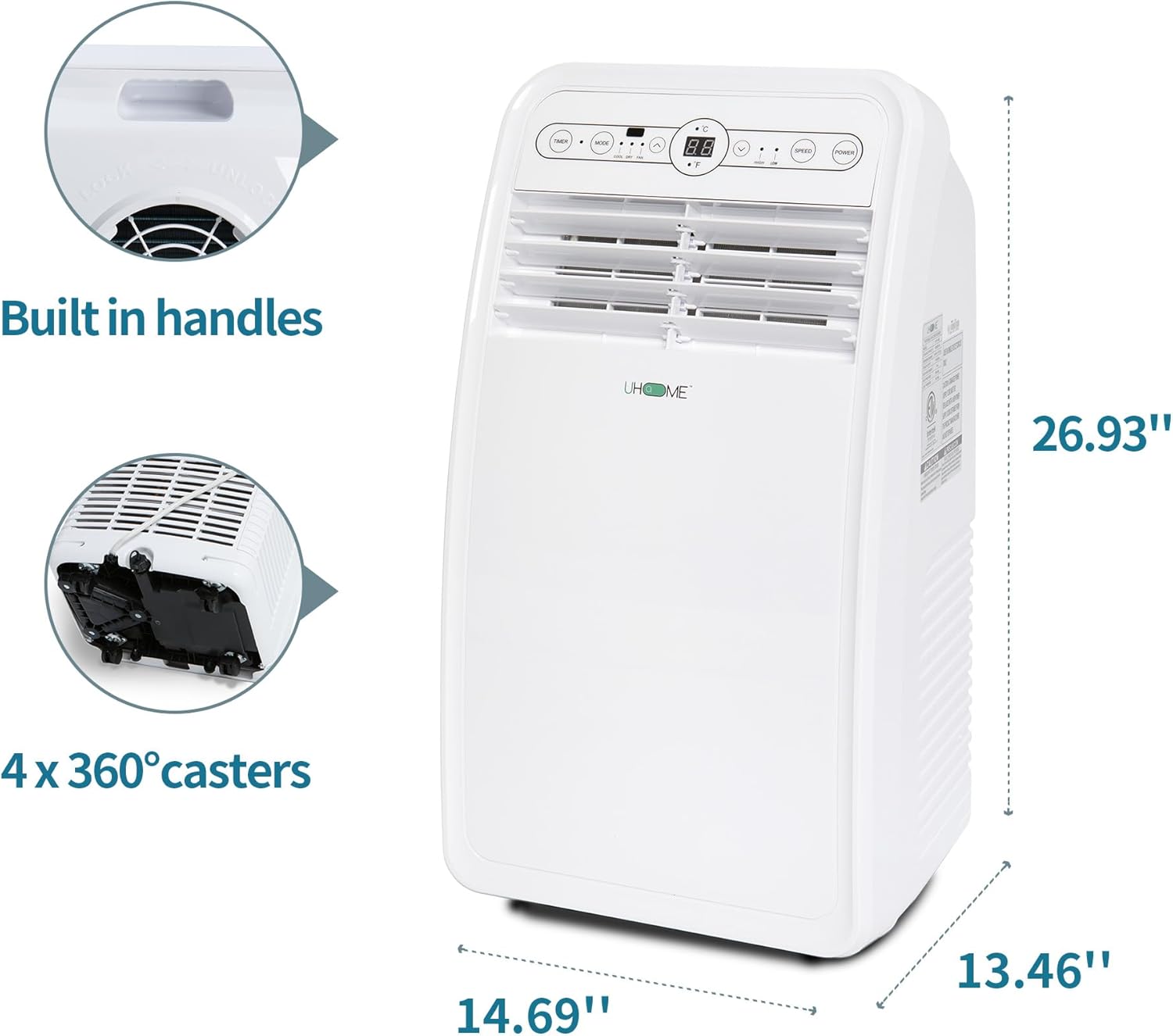 8000 BTU Portable Air Conditioner, 3-in-1 function Portable AC unit with Cooling, Dehumidifier, Fan, White, 24H Timer