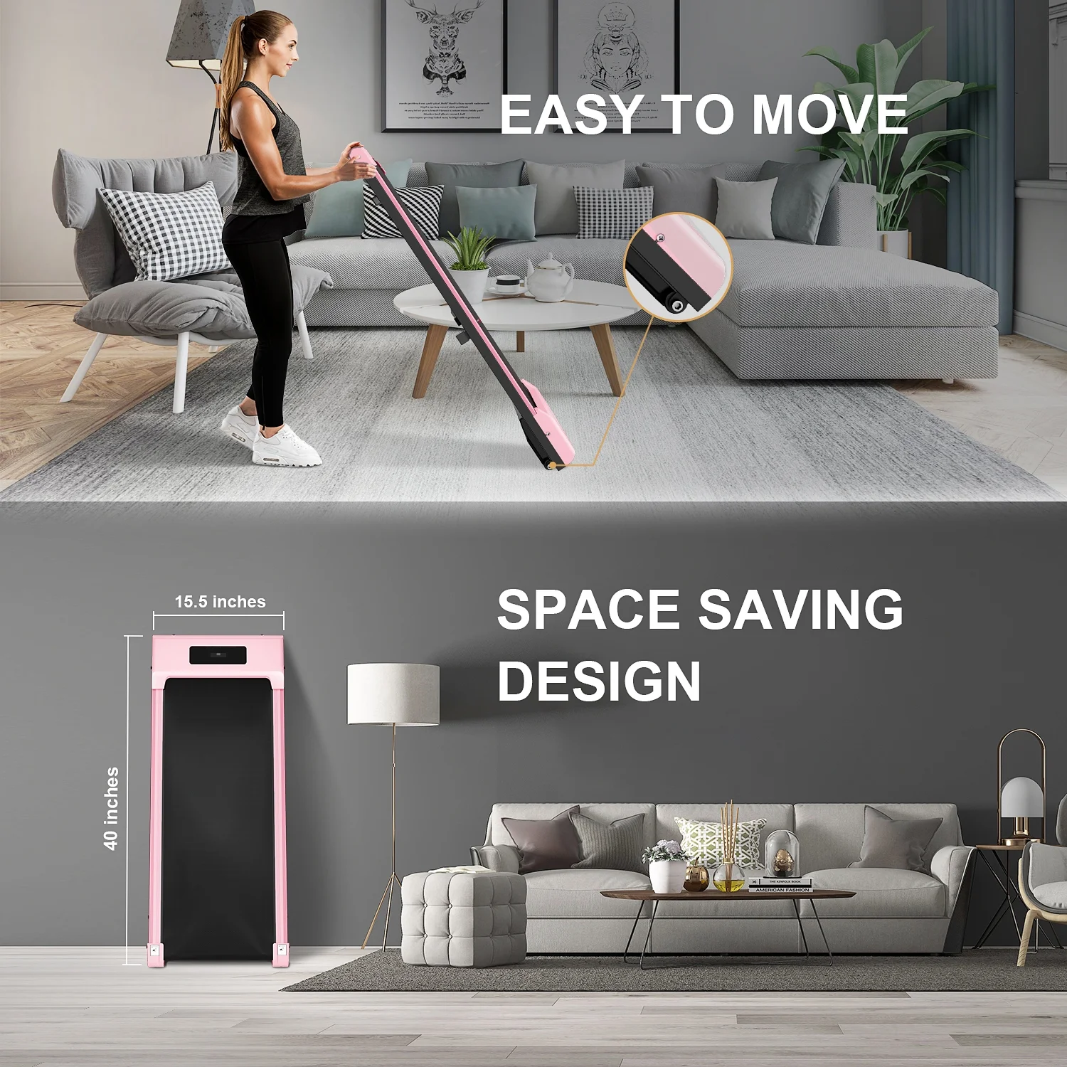Bigzzia Walking Pad Under Desk Treadmill, Portable Treadmills Motorized Running Machine for Home,6.25MPH,No Assembly Required,Remote Control,265 Lb Capacity (Pink)