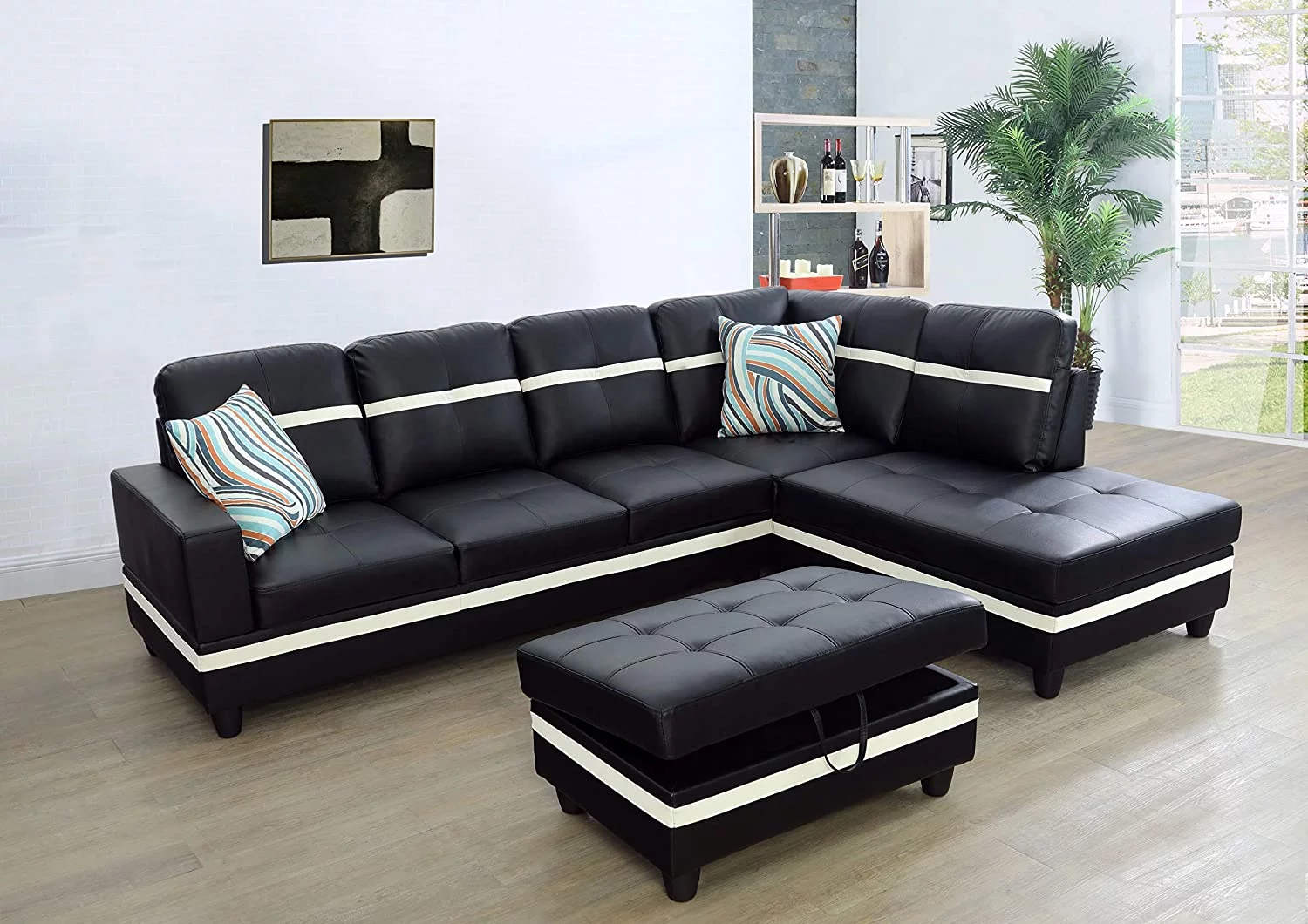 PonLiving Furniture Pappas 103.5'' Sleeper Sectional with Storage Ottoman, Right & Left Hand Facing, Leather Upholstered
