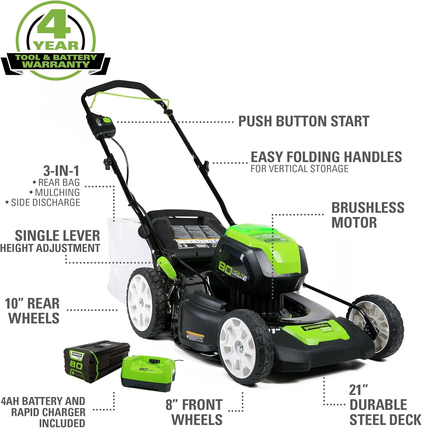 Greenworks Pro 80V 21" Brushless Cordless Lawn Mower, 4.0Ah Battery and 60 Minute Rapid Charger Included