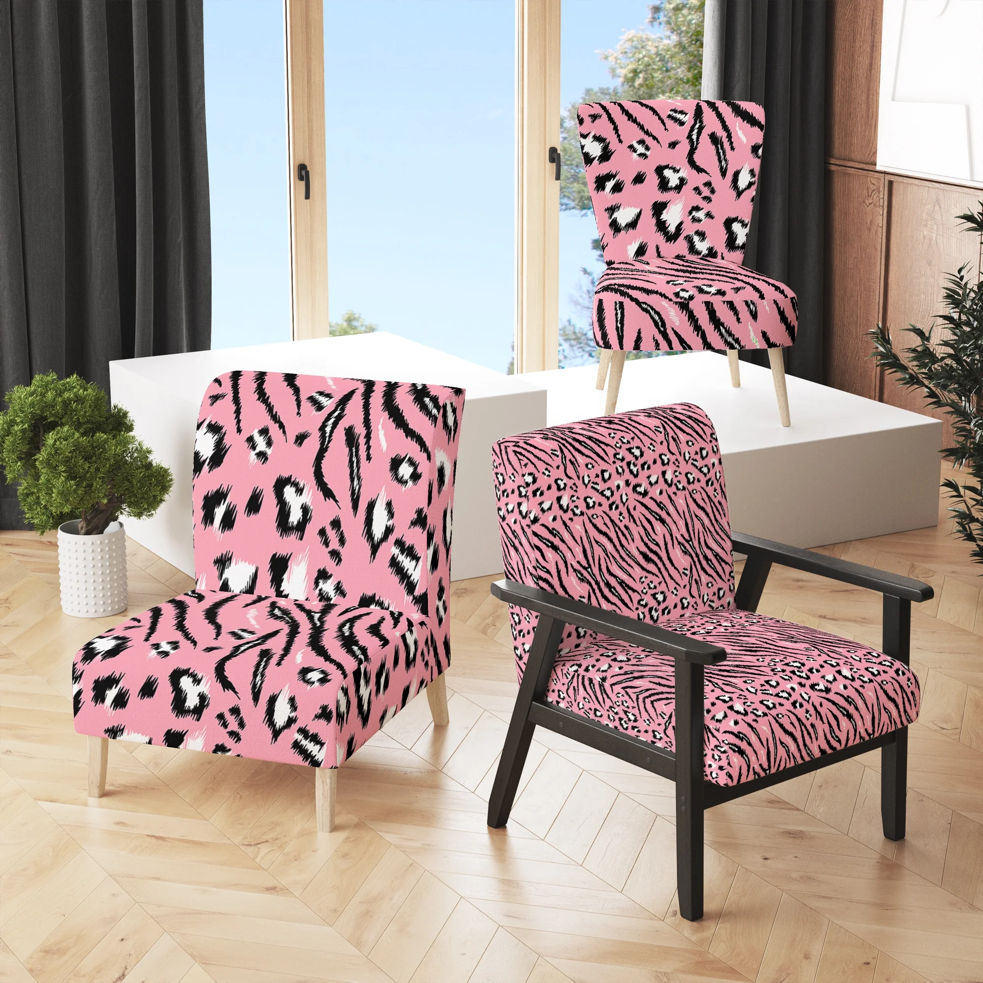 Designart "Pink Tiger and Leopard Pattern" Upholstered Cabin & Lodge Accent Chair and Arm Chair
