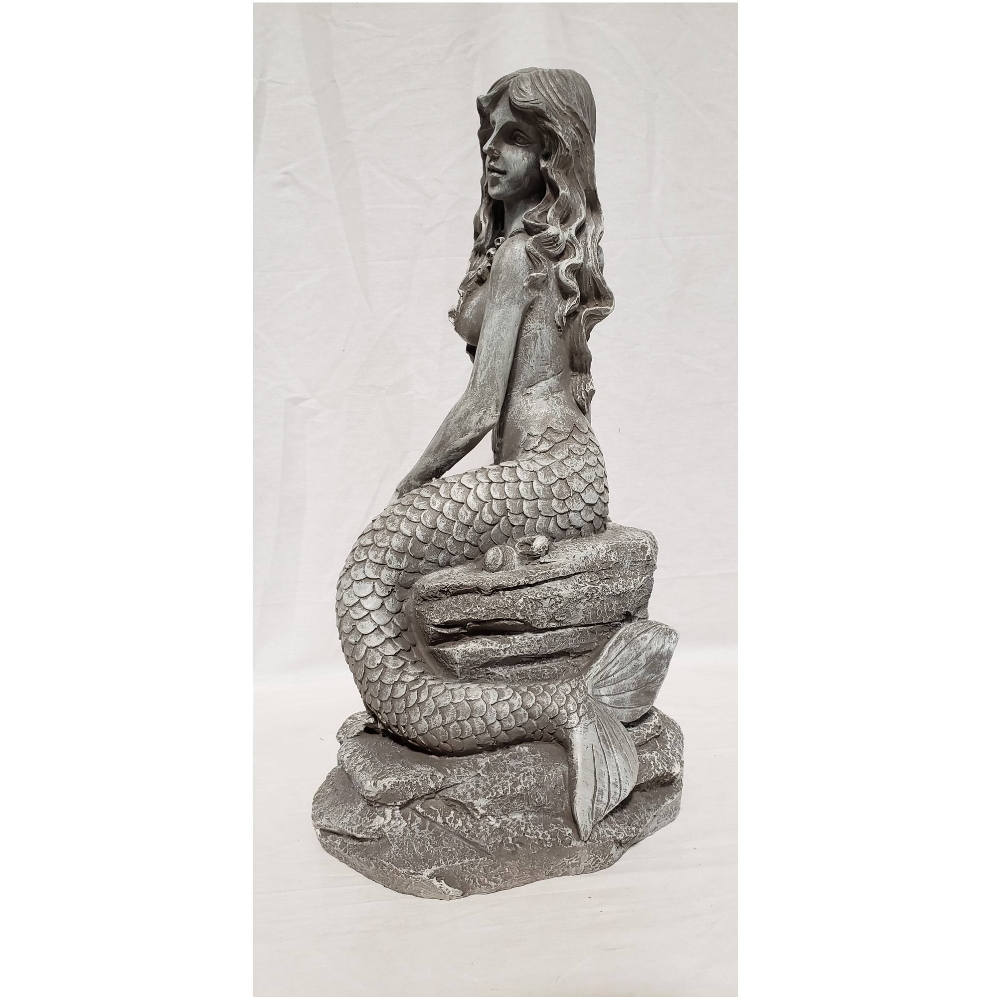 20x22 Gray Whitewashed Ceramic Nautical Smiling Mermaid Statue
