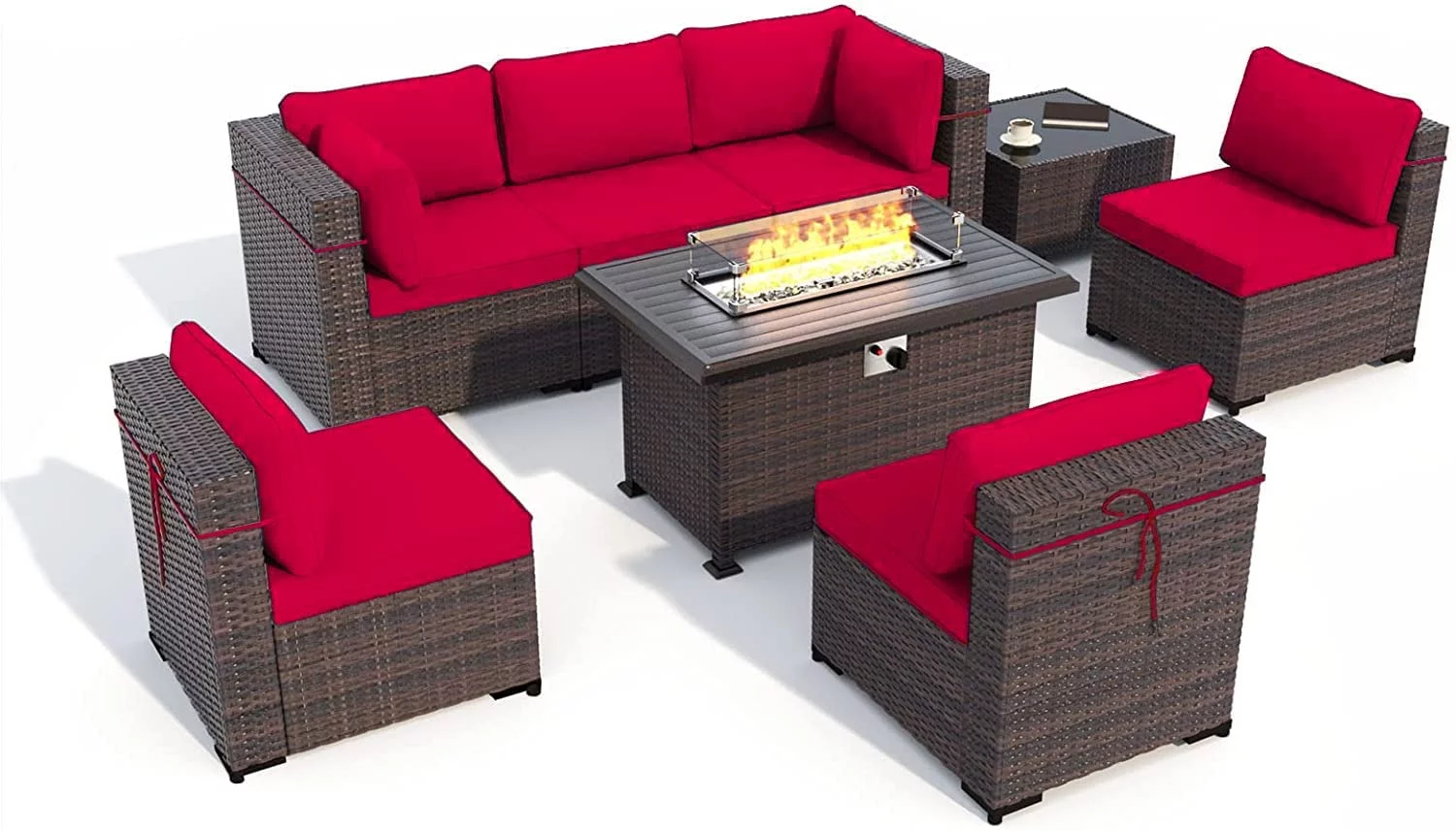 ALAULM 8 Pieces Outdoor Furniture Set with 43" Gas Propane Fire Pit Table PE Wicker Rattan Sectional Sofa Patio Conversation Sets,Red