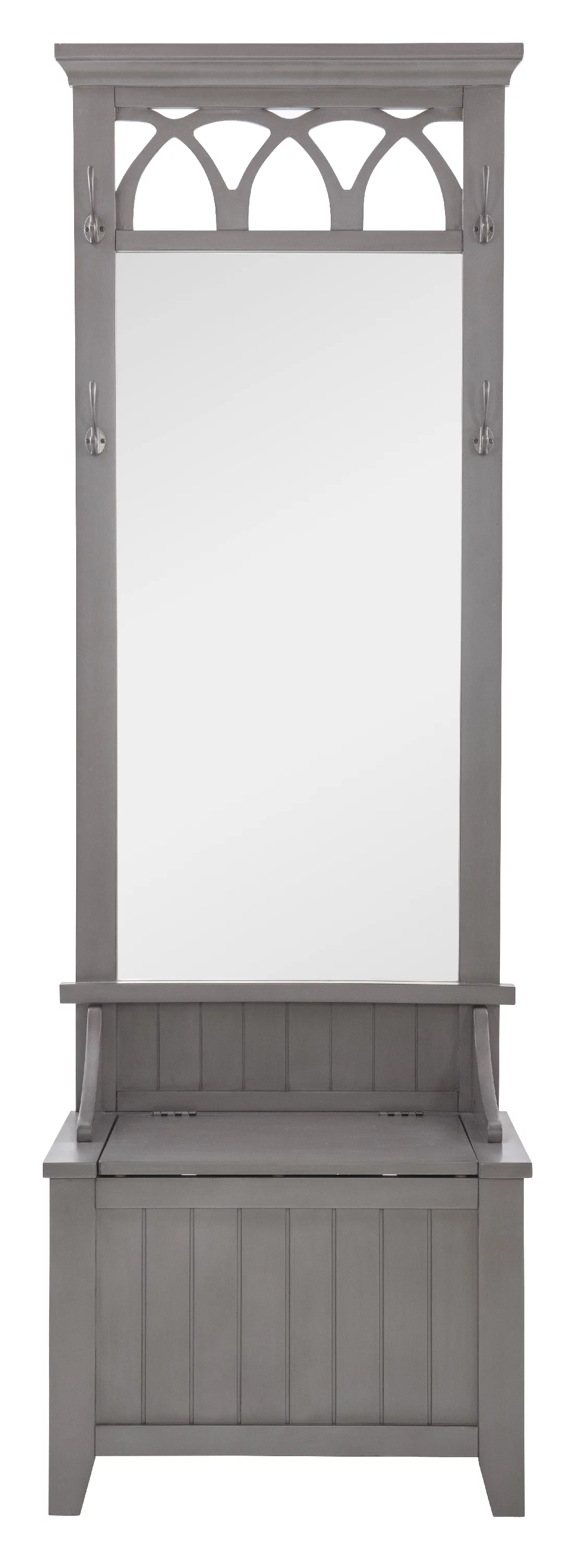 Winslett 4-Hook Hall Tree with Storage Bench and Mirror, Gray