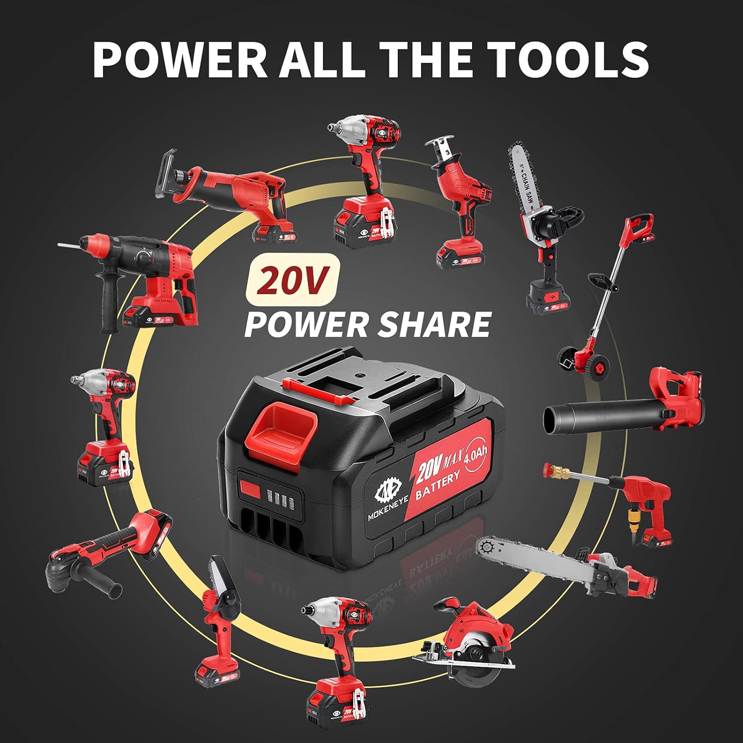MOKENEYE 20V Cordless Brushless Impact Wrench with 4.0 Ah Battery, 300 Ft-lbs Torque, 3-Speed up to 2900 RPM, 6 Impact Sockets, 1/2 Inch Battery Powered Impact Wrench for Car Tires