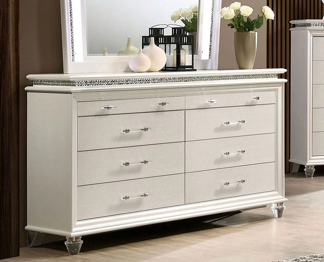 Antique Contemporary Pearl White 4pc Bedroom Queen Size Bed Set Dresser Mirror Nightstand Bedroom Furniture Padded HB LED