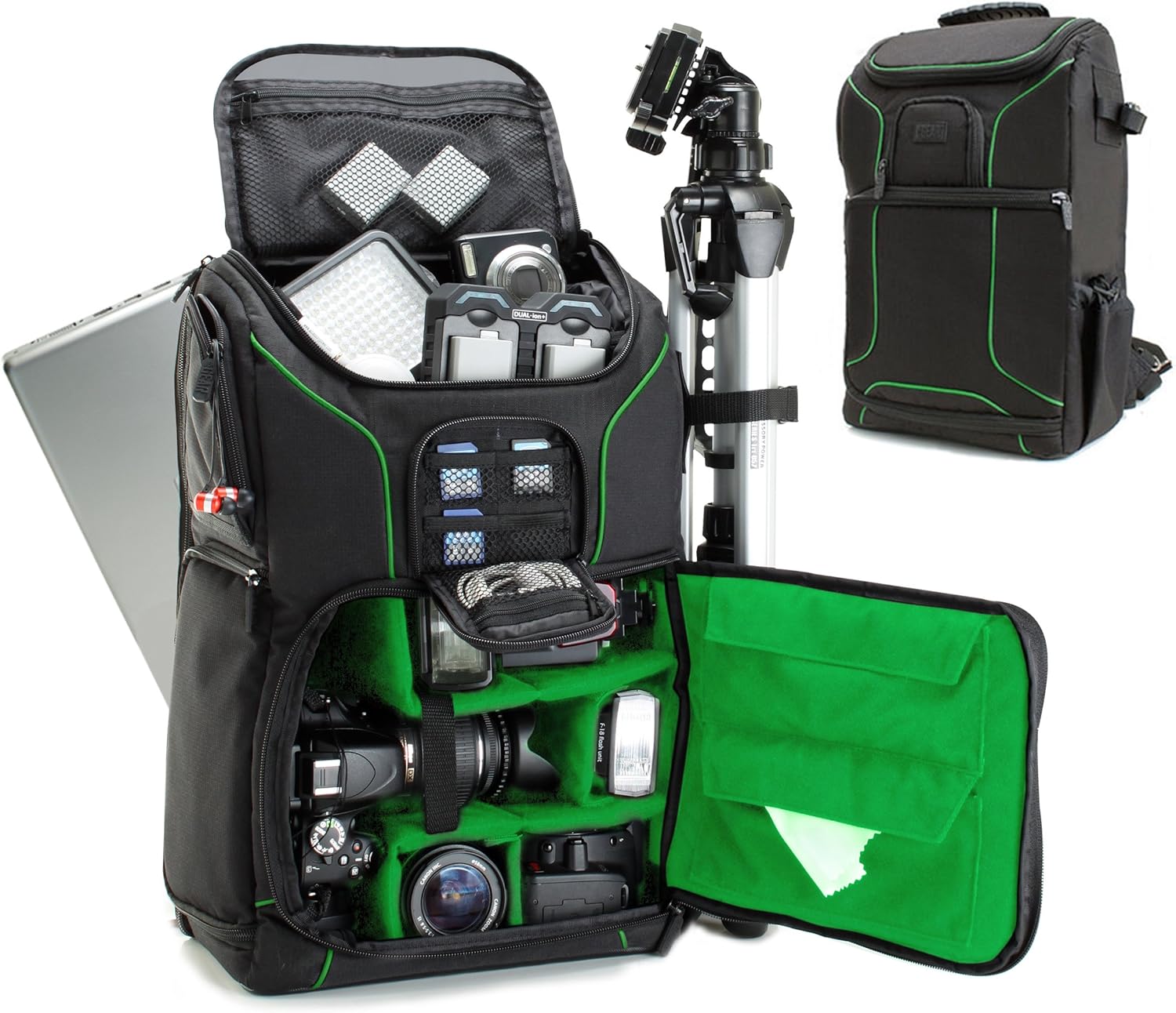 USA Gear DSLR Camera Backpack Case - 15.6 inch Laptop Compartment, Padded Custom Dividers, Tripod Holder, Rain Cover, Long-Lasting Durability and Storage Pockets - Compatible with Many DSLRs (Green)