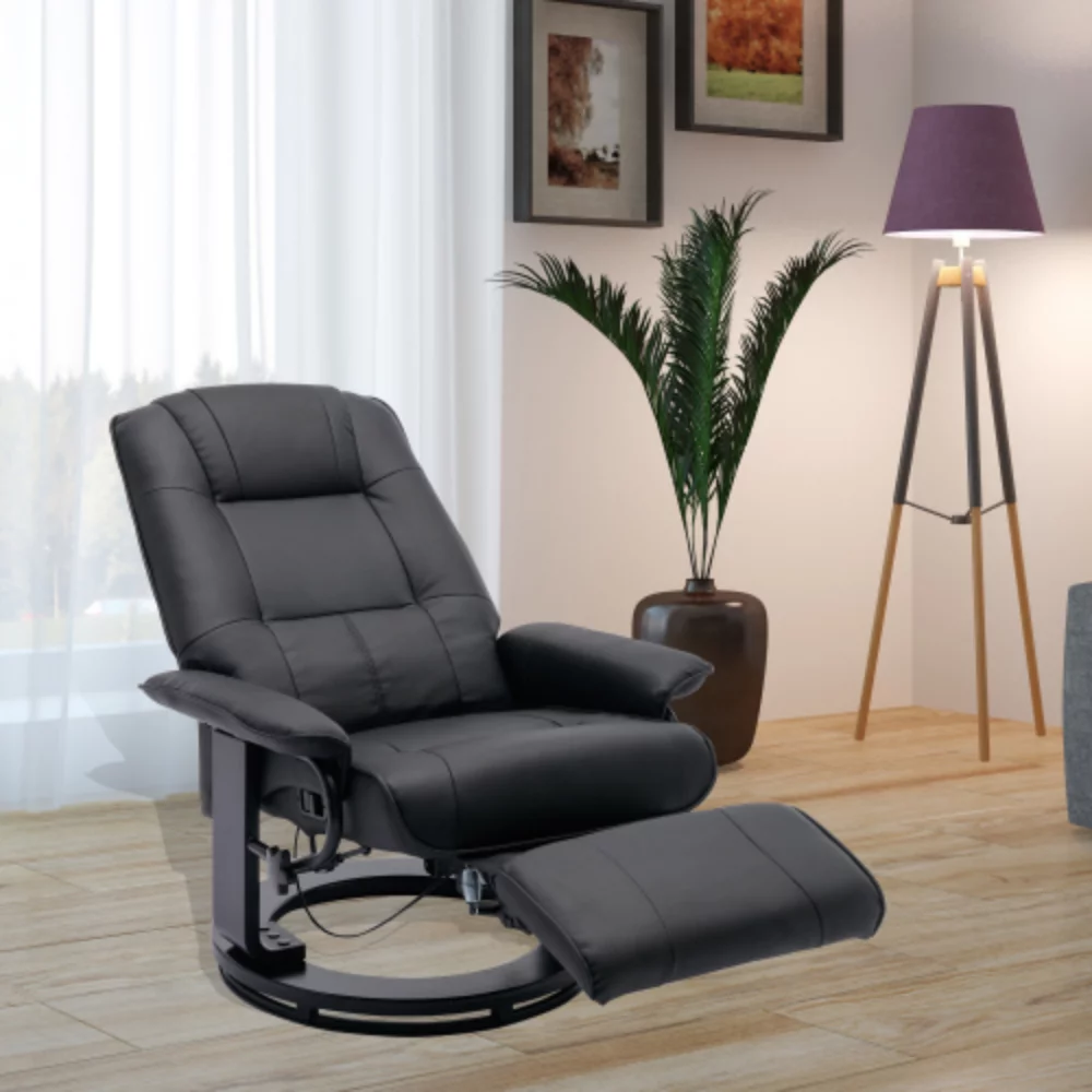 Faux Leather Manual Recliner,Adjustable Swivel Lounge Chair with Footrest,Can Rotate 360 Degrees,L-right Angle Curved Wooden Frame, Armrest and Wrapped Wood Base for Living Room,Black