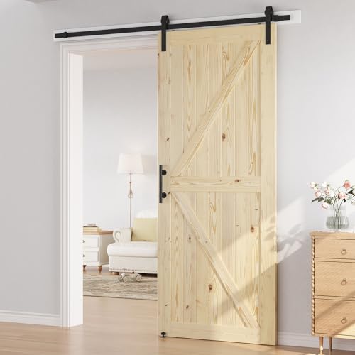 SMARTSTANDARD 36in x 84in Sliding Barn Door with 6.6ft Barn Door Hardware Kit Included, Unfinished Solid Spruce Wood Door, Assembly Required, DIY, Stainable, Natural