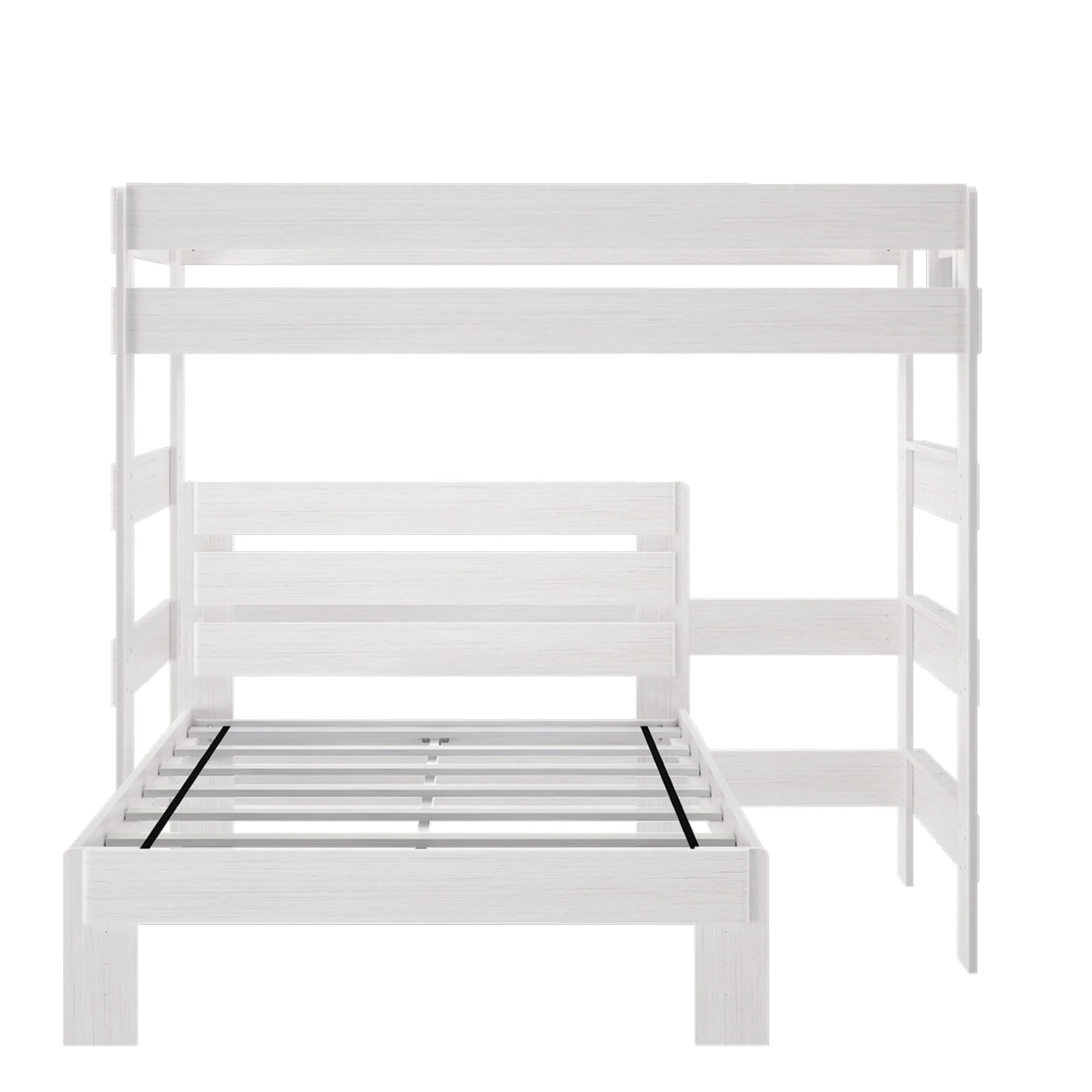 Plank+Beam Solid Wood Twin over Full L-Shaped Bunk Bed for Adults, White Wash