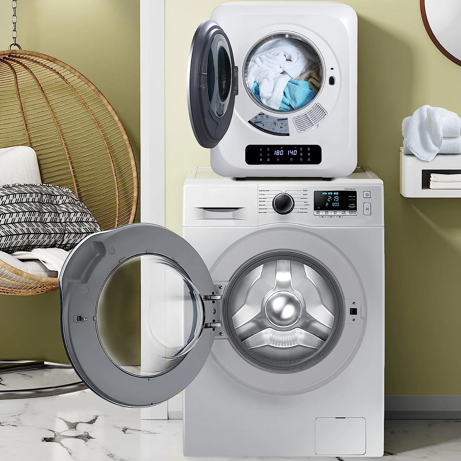 CozyHom Compact Electric Dryer Laundry Dryer, Portable Clothes Dryer Machine with Stainless Steel Drum, White