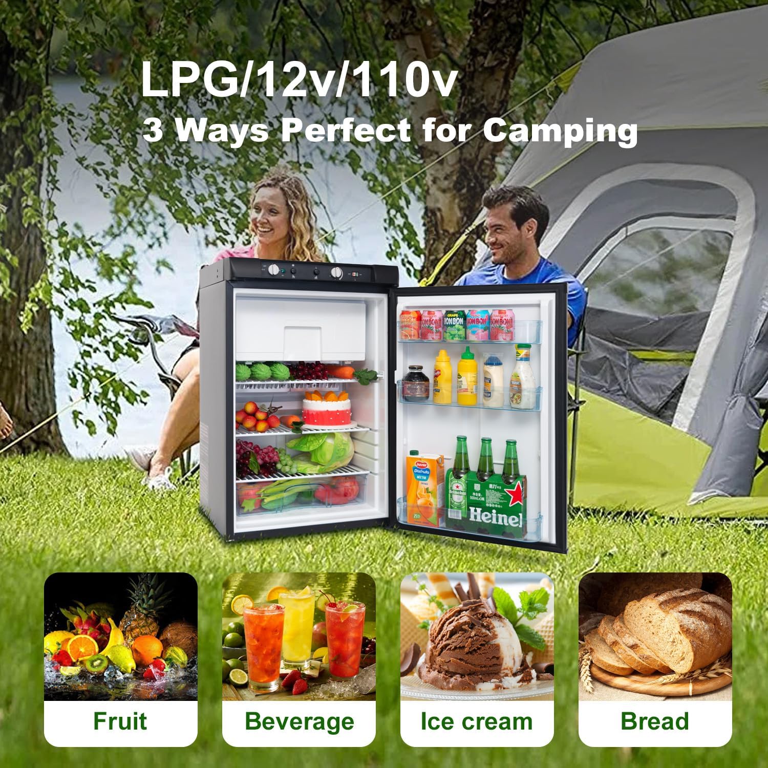 SMETA Propane Refrigerator Freezer, 3.5 Cu.Ft Camping 3 Way Off Grid Camper Fridge, LPG/110V/12V For RV Outdoor Travel Cabin Truck Garage, Black