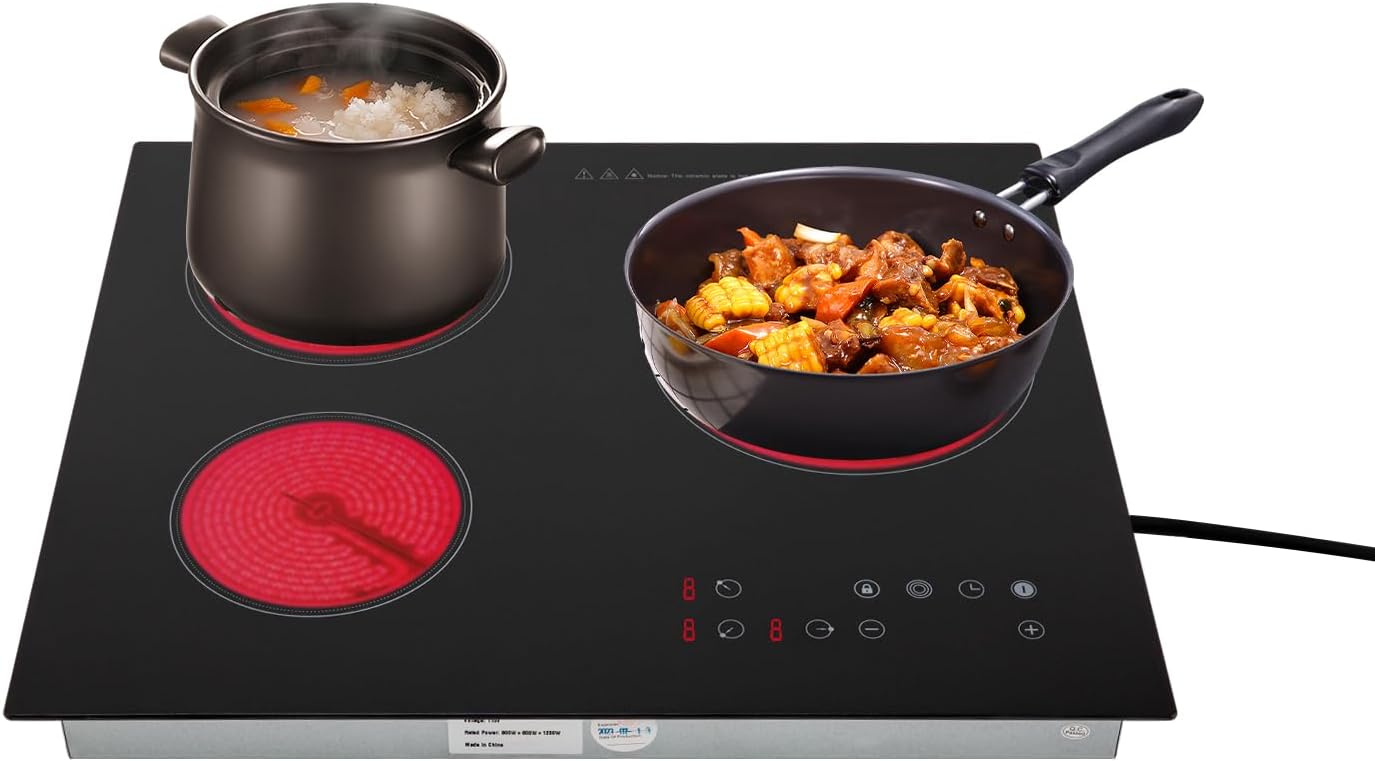3 Burner Electric Cooktop 110v, 23 Inch Portable Electric Stove Cooktop with LED Display, Child Safety Lock and Timer, 2600W 9 Power Level Electric Ceramic Built-in Cooktop (No Plug)