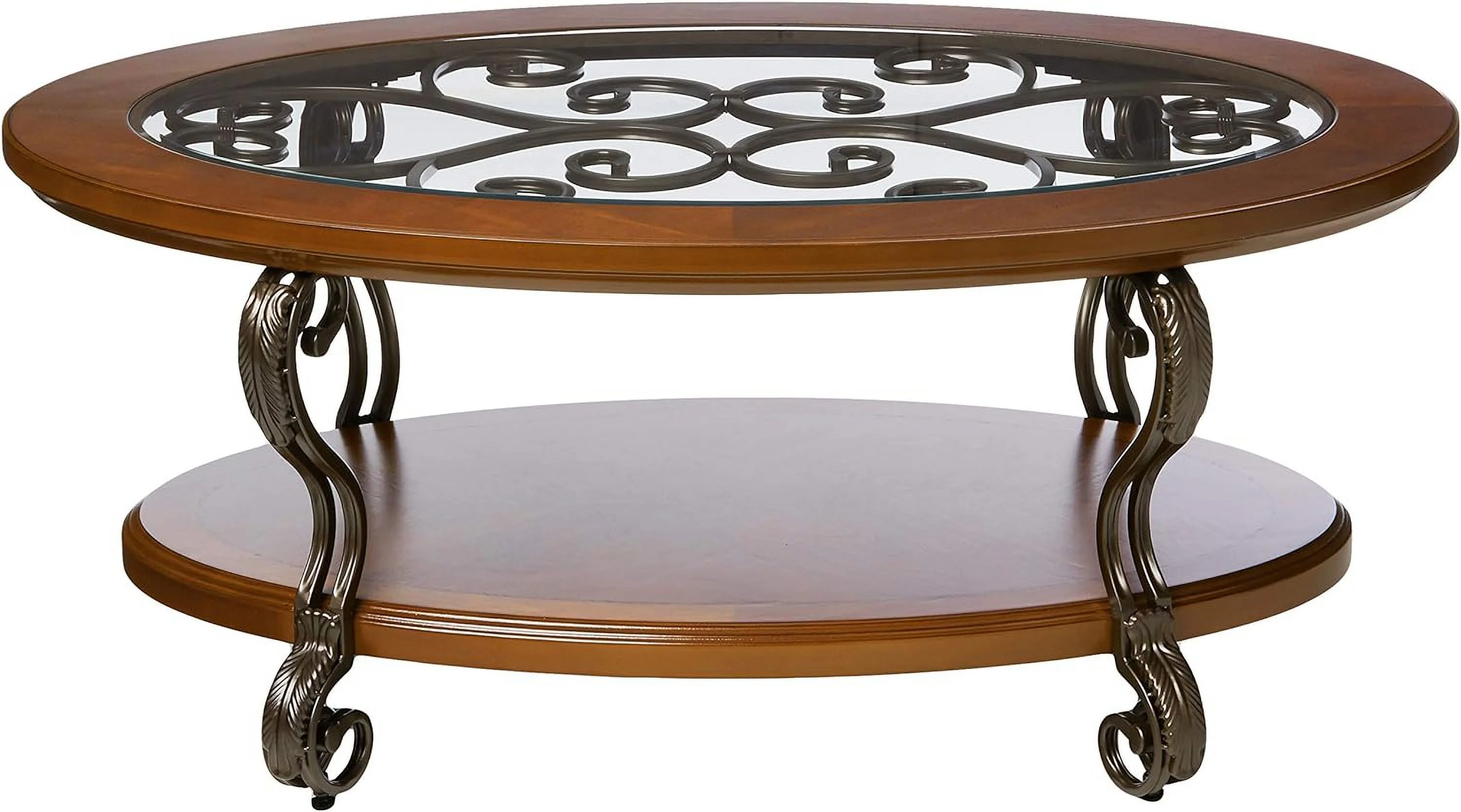 Nestor Traditional Oval Coffee Table With Beveled Glass Top, Scrollwork Underlay And 1 Fixed Shelf, Dark Brown