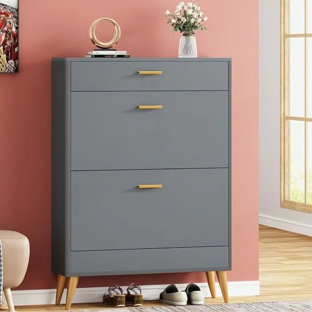 Shoe Cabinet  White Shoe  Cabinet with 2 Flip Doors and Drawer   Narrow Shoe Organizer Rack for Entryway  Closet (White)