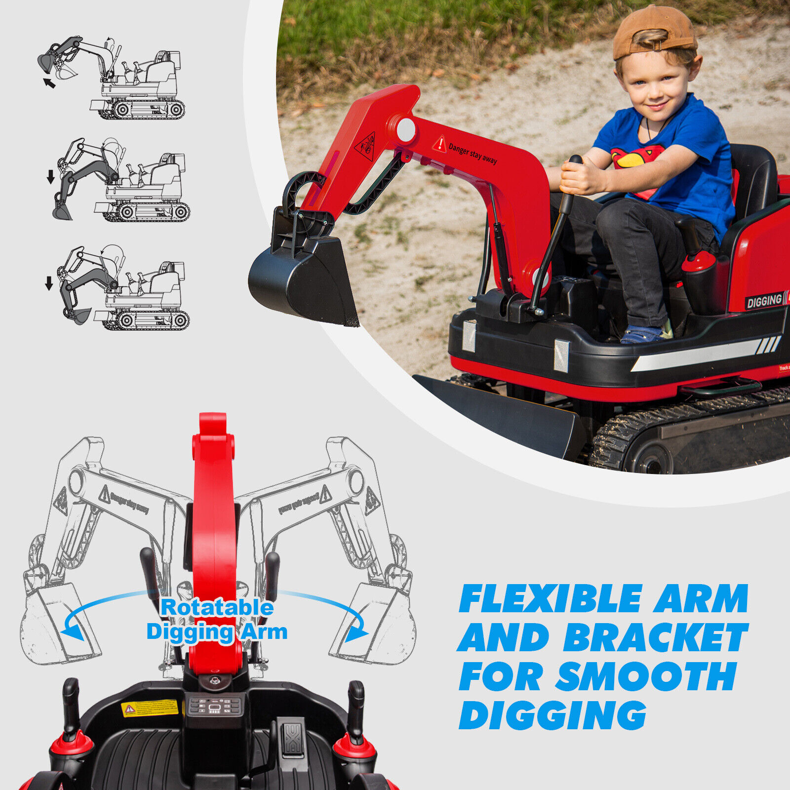 JOYLDIAS Kids 12V Electric 360 Degree Rotating Ride On Excavator and Bulldozer with Track Design Wheels, Remote Control, MP3, Toolbox (Red) - Curated Treasures Market
