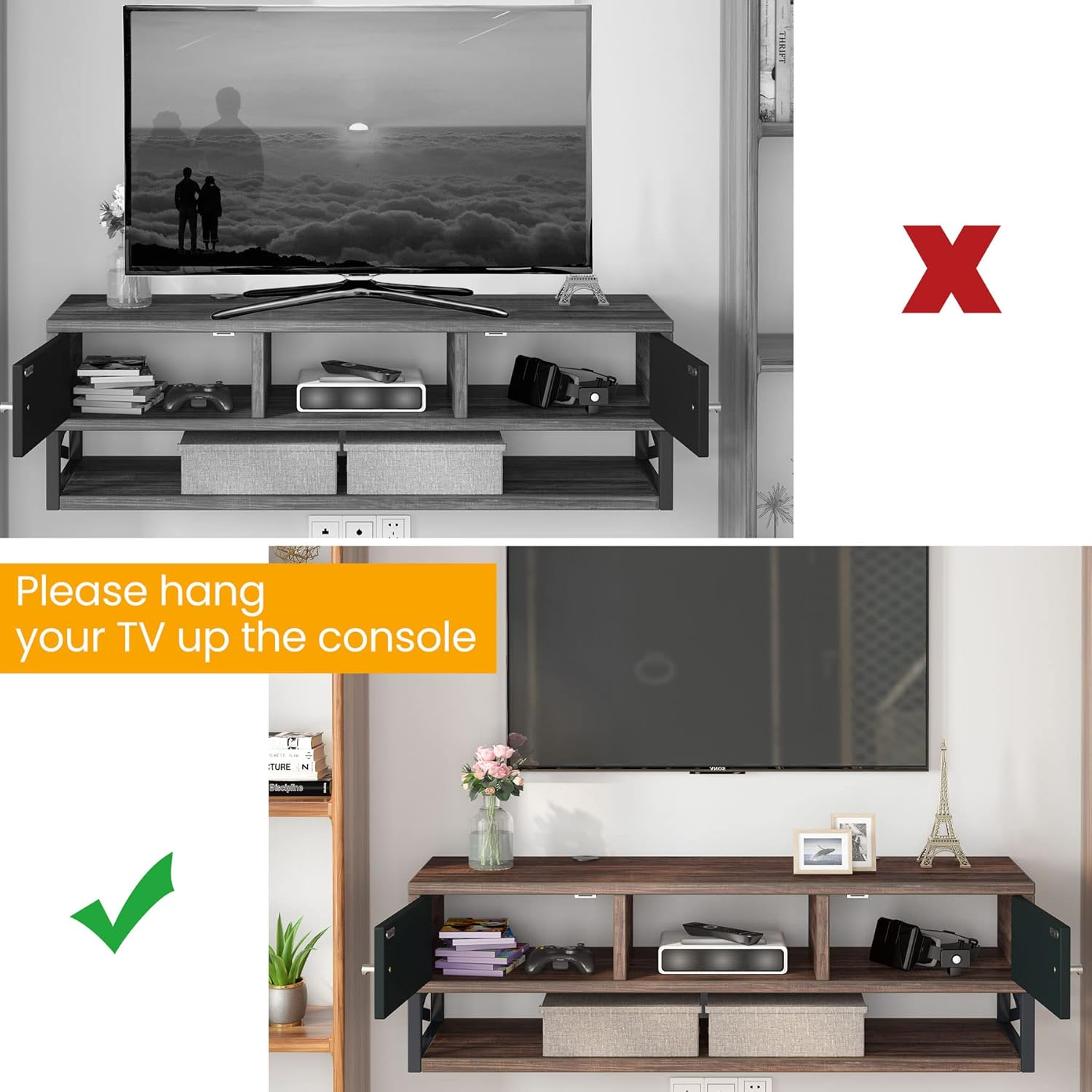 Tribesigns Floating TV Stand, 3-Tier Wall Mounted Media Console TV Shelf with Magnetic Suction Doors, TV Cabinet Entertainment Center Console Shelf for Living Room Bedroom